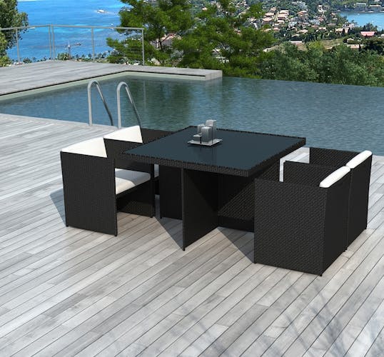 Ensemble de repas de jardin table carrée 115 cm en résine tressée noire + 4 fauteuils avec coussin LIMA