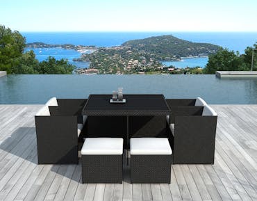  Ensemble repas de jardin encastrable en résine tressée noire table + fauteuils + poufs 8 personnes PUERTO RICO
