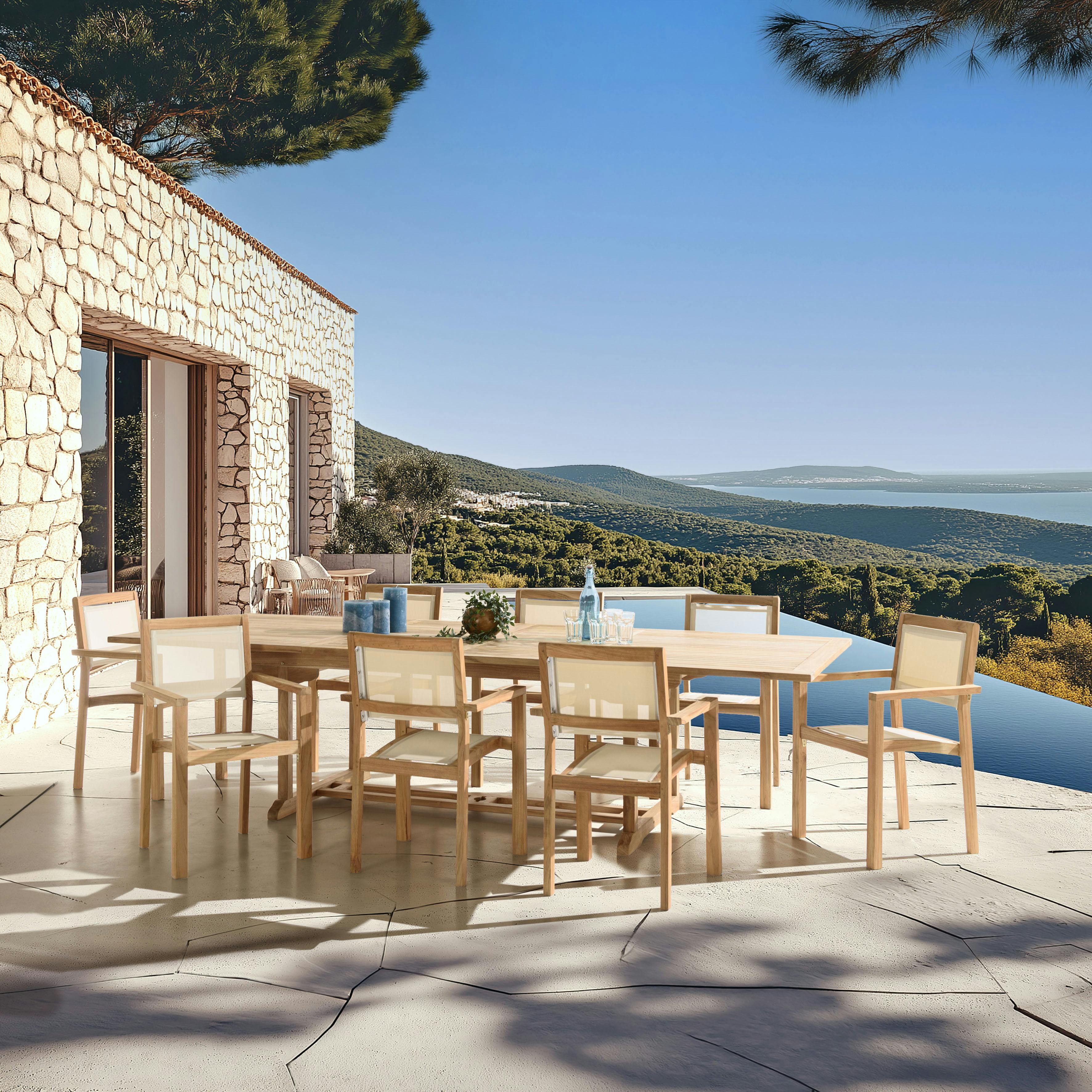 Ensemble de repas table rectangulaire 8 fauteuils en teck ALERIA