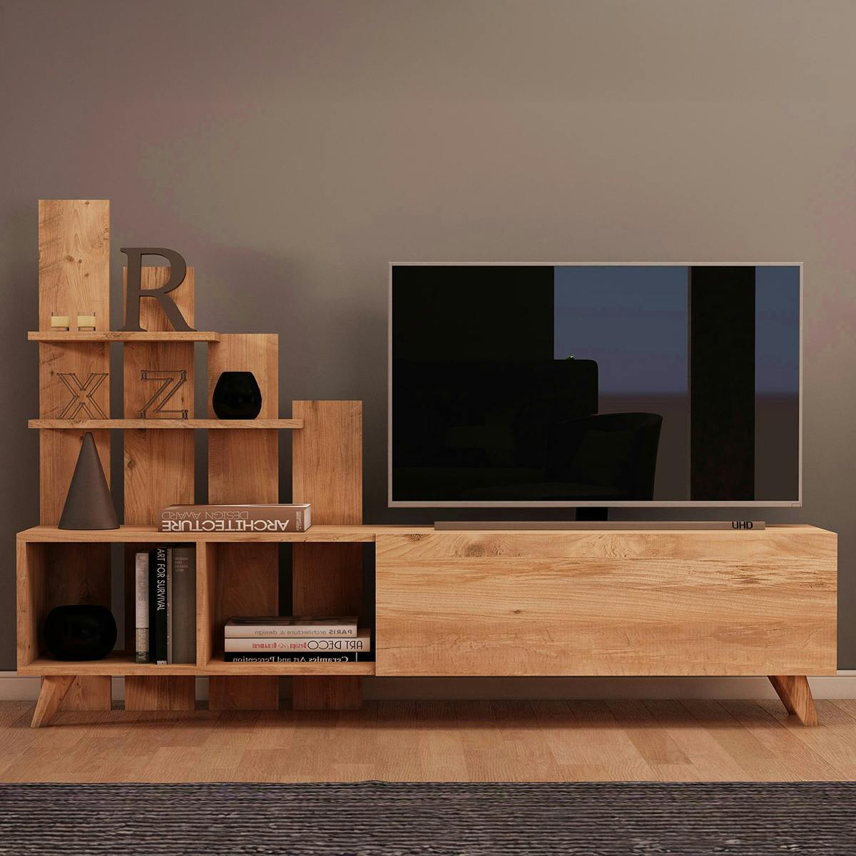 Ensemble meuble TV campagne décor bois avec rangement MARFA