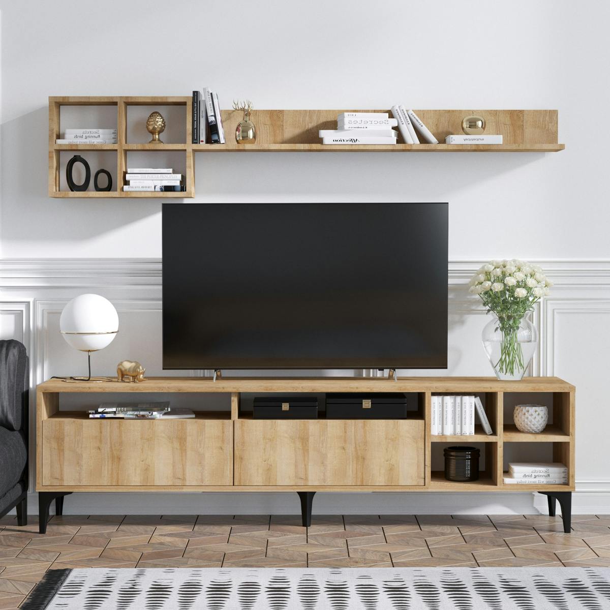Ensemble meuble TV scandinave avec étagère et niches UMEA