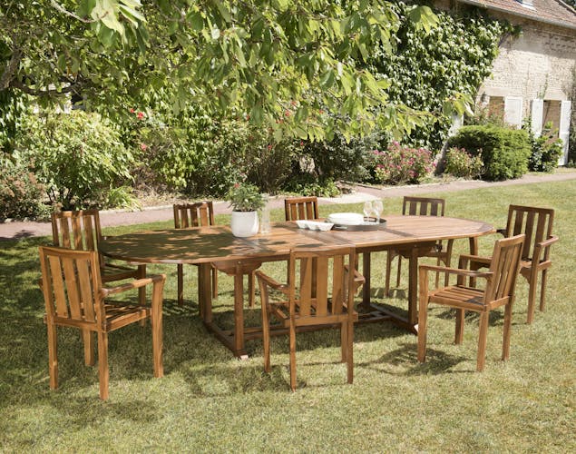 Ensemble repas d'extérieur en teck massif table ovale + fauteuils SUMMER