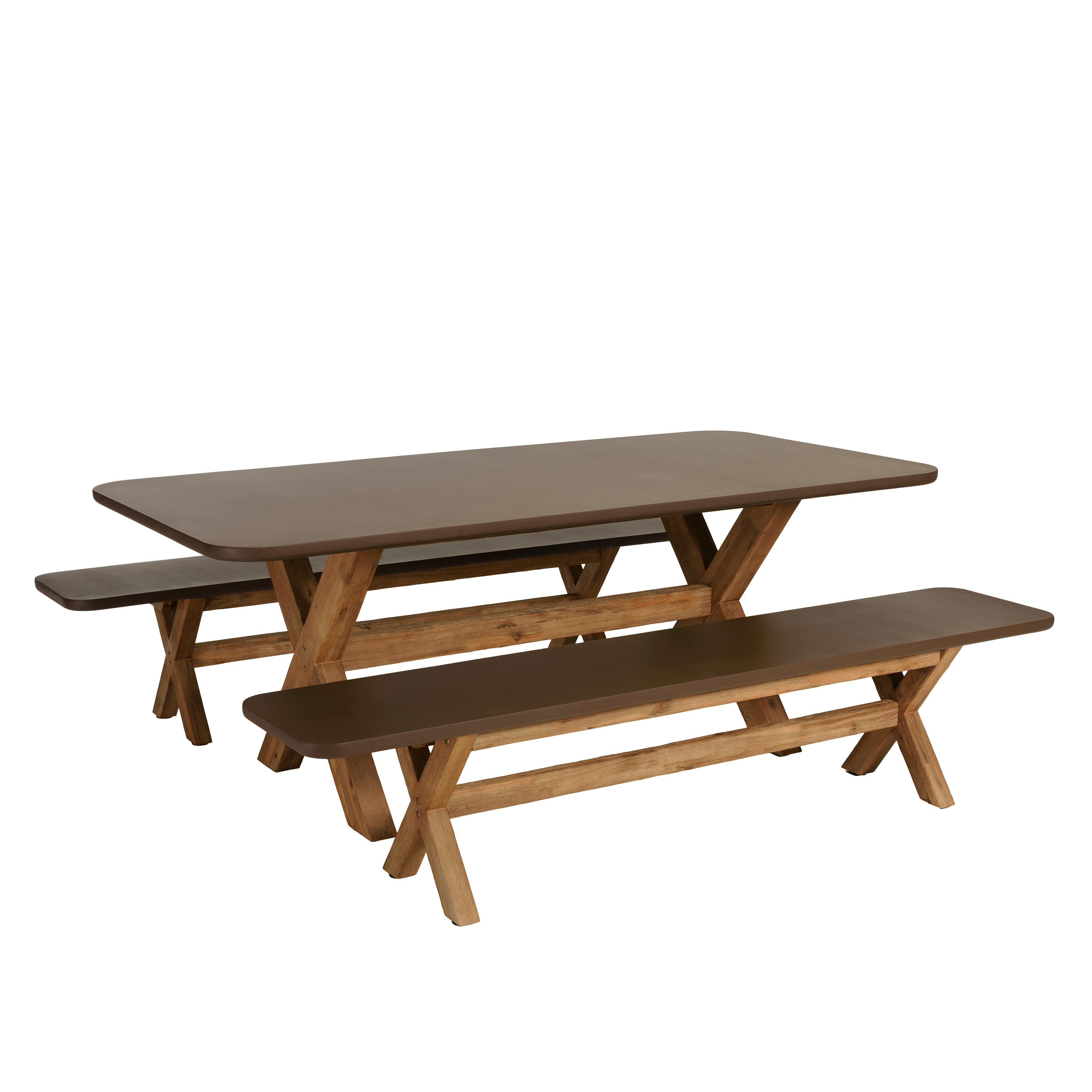Ensemble table 200 cm et bancs effet béton marron pieds en bois d'acacia CALVI