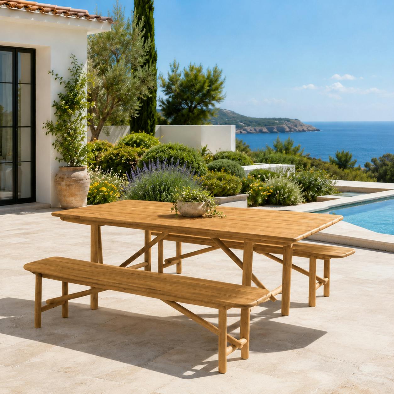 Ensemble table et bancs en teck recyclé ORIA