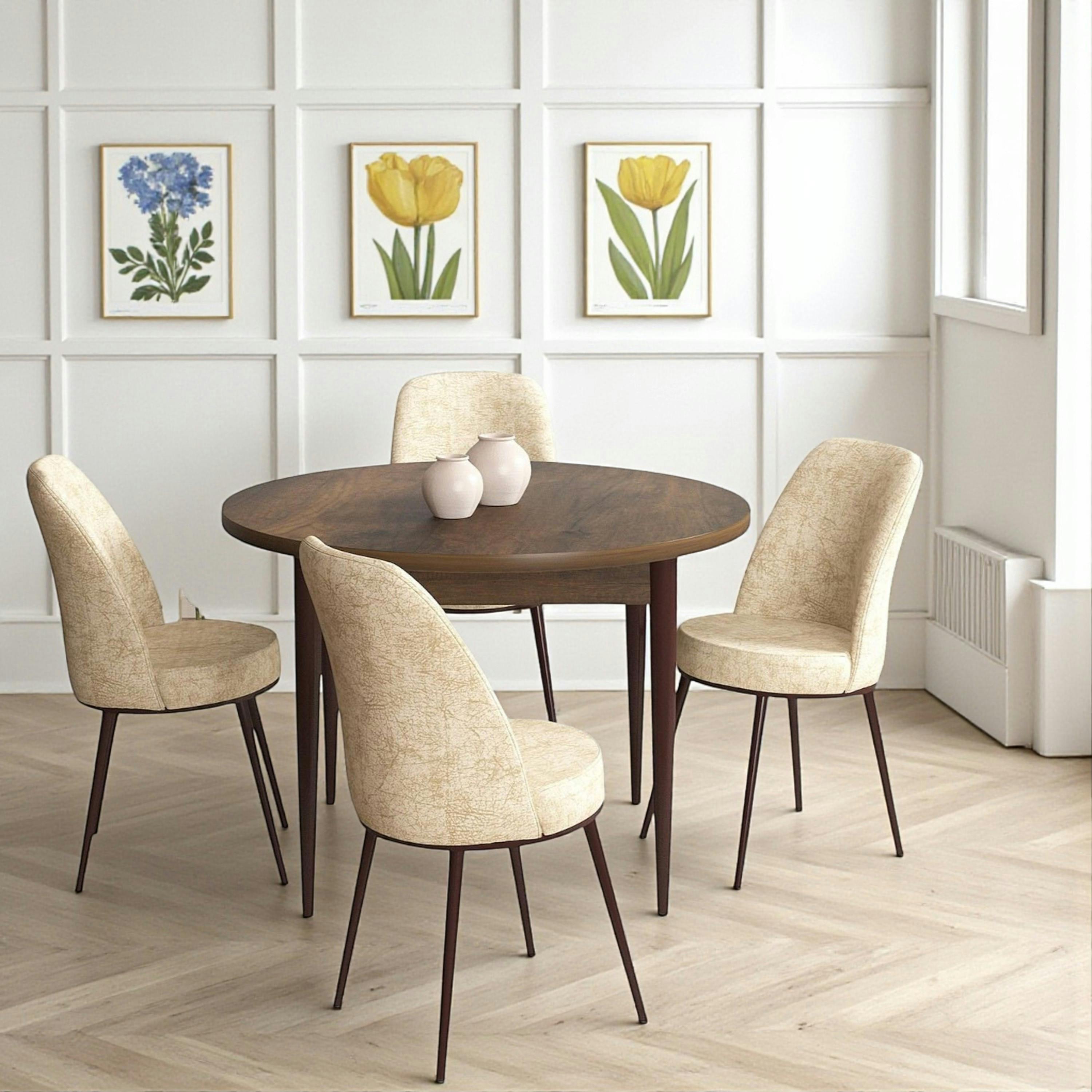 Ensemble table ronde Ø90 cm + 4 chaises beiges à motifs AROLA