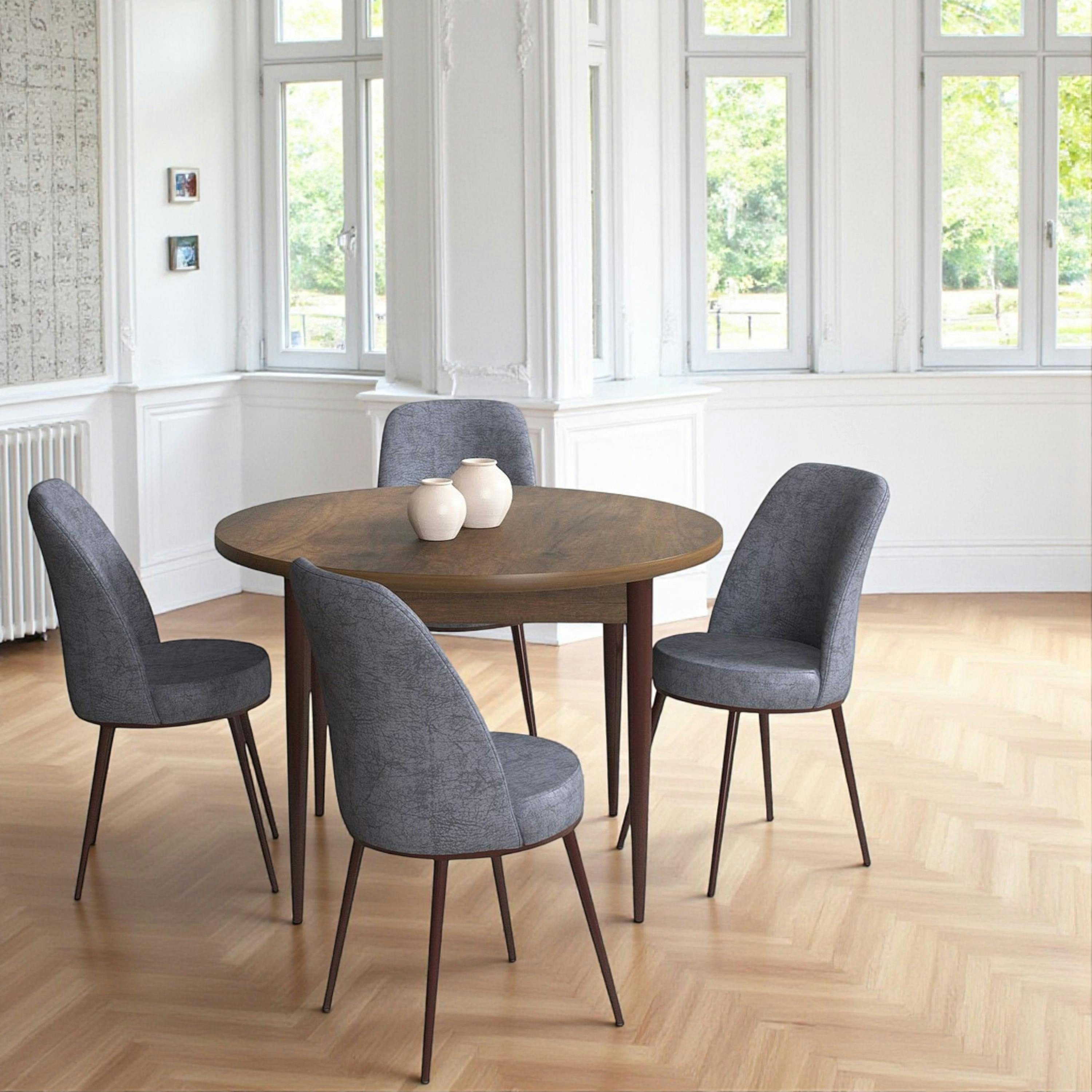 Ensemble table ronde Ø90 cm + 4 chaises grises à motifs AROLA