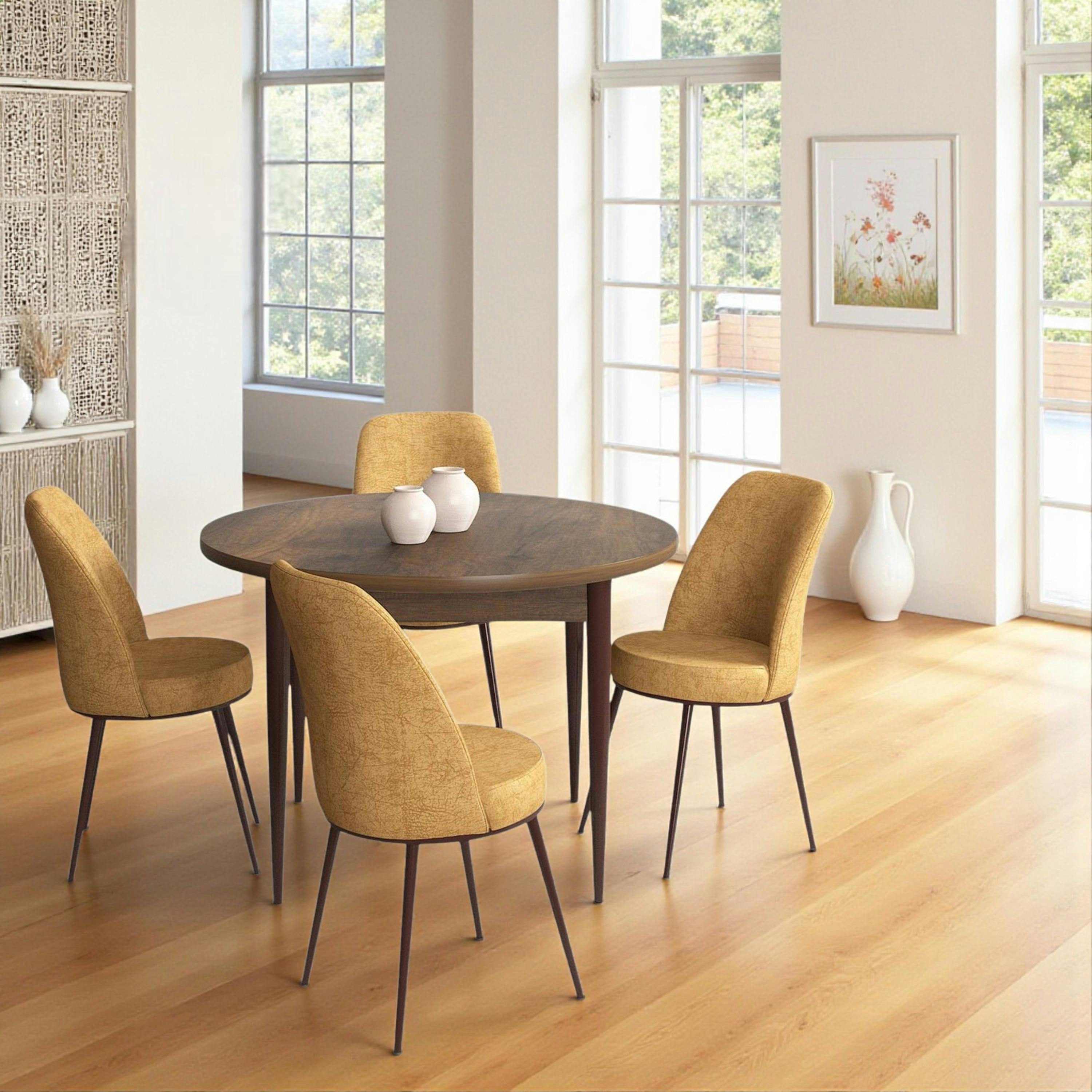 Ensemble table ronde Ø90 cm + 4 chaises moutarde à motifs AROLA