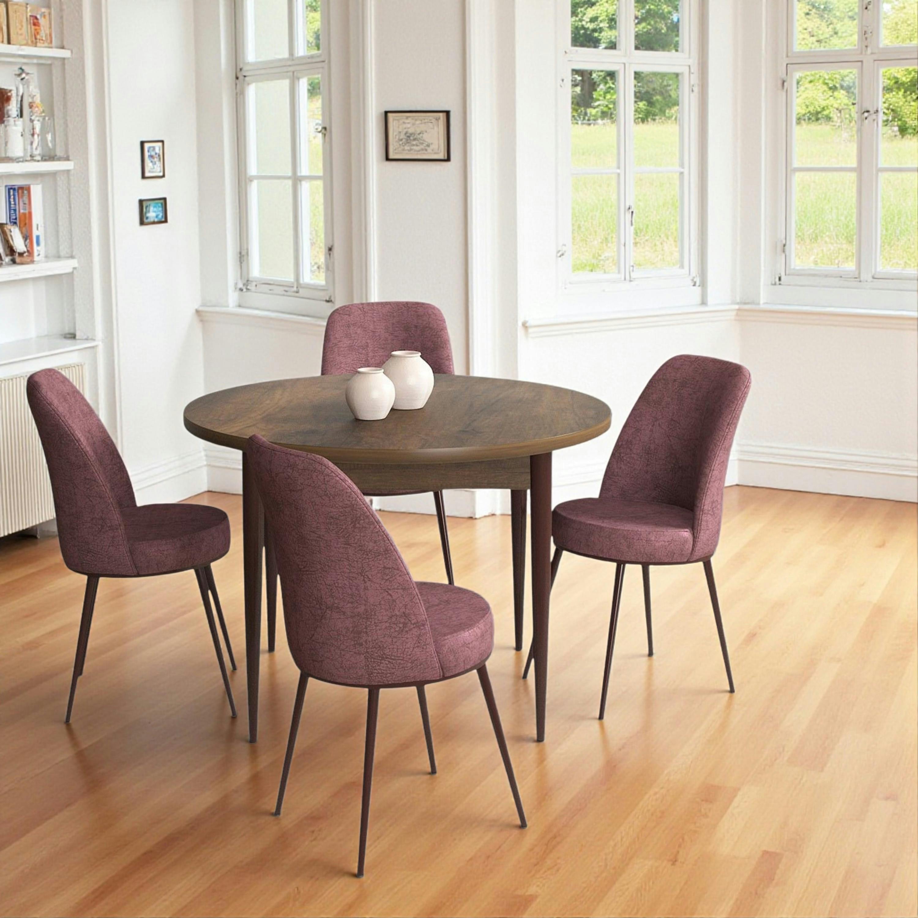 Ensemble table ronde Ø90 cm + 4 chaises roses à motifs AROLA