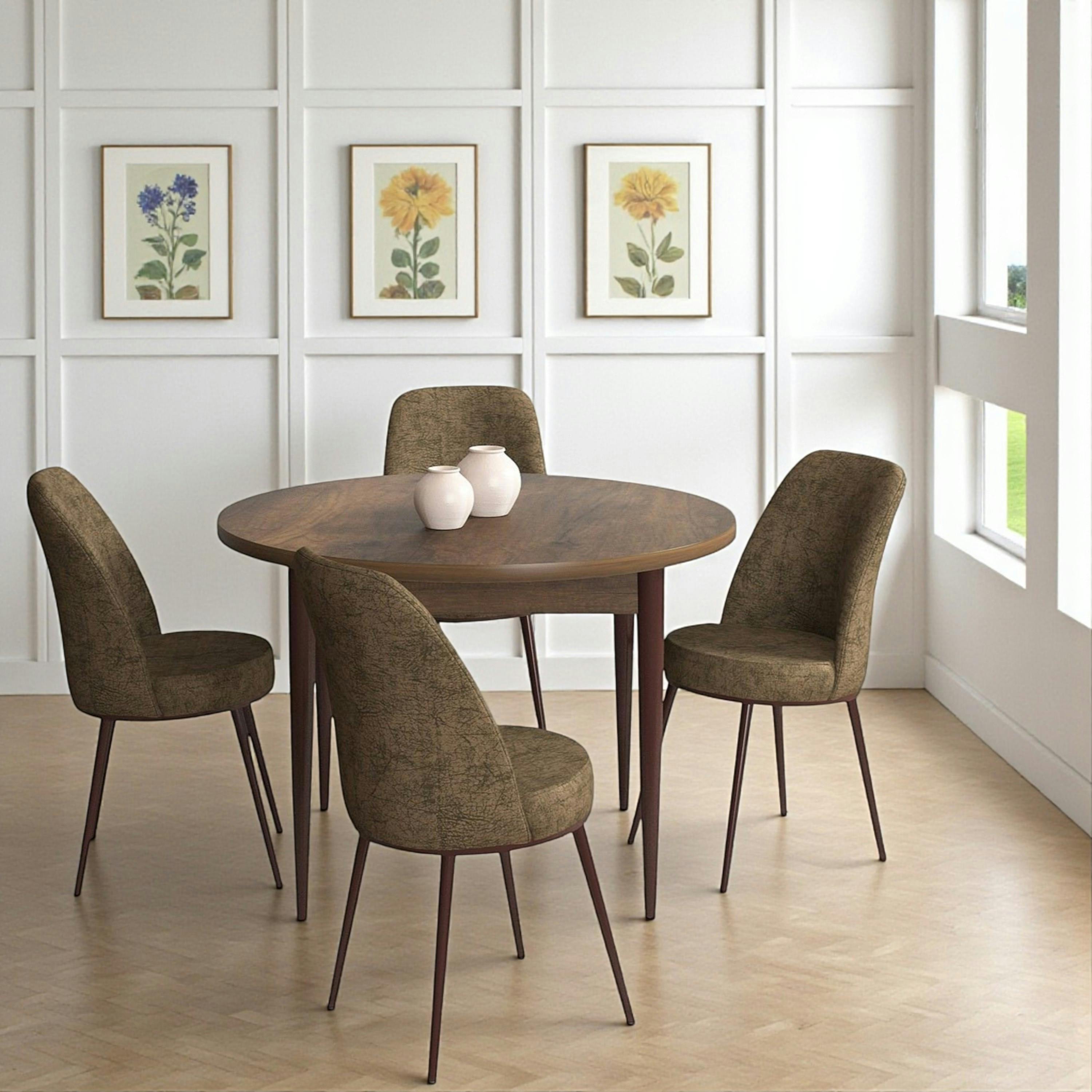 Ensemble table ronde Ø90 cm + 4 chaises taupe à motifs AROLA