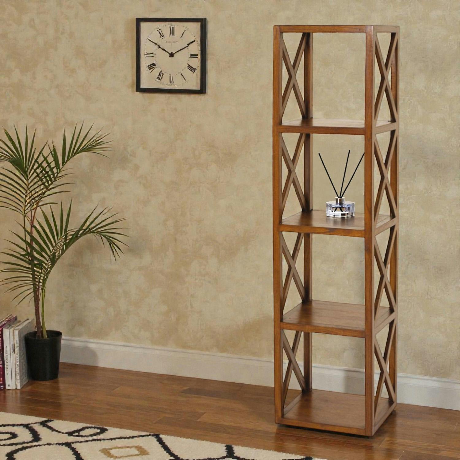 Bibliotheque etagere en bois fonce avec croisillons de style exotique