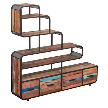 Etagere bibliotheque destructuree bois recycle et metal de style industriel