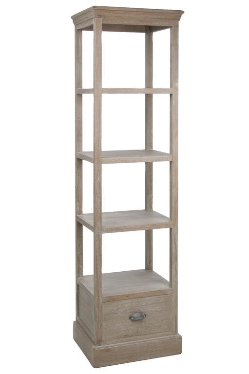 Etagère bois naturel patiné grisé blanchi 4 niveaux, 1 tiroir bas L51xP41xH185cm PAOLIA