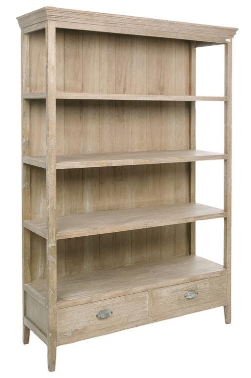 Etagère bois naturel patiné grisé blanchi 4 niveaux, 2 tiroirs bas L128xP42xH180cm PAOLIA