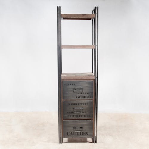 Bibliotheque etagere bois recycle et metal avec tiroirs style indutriel