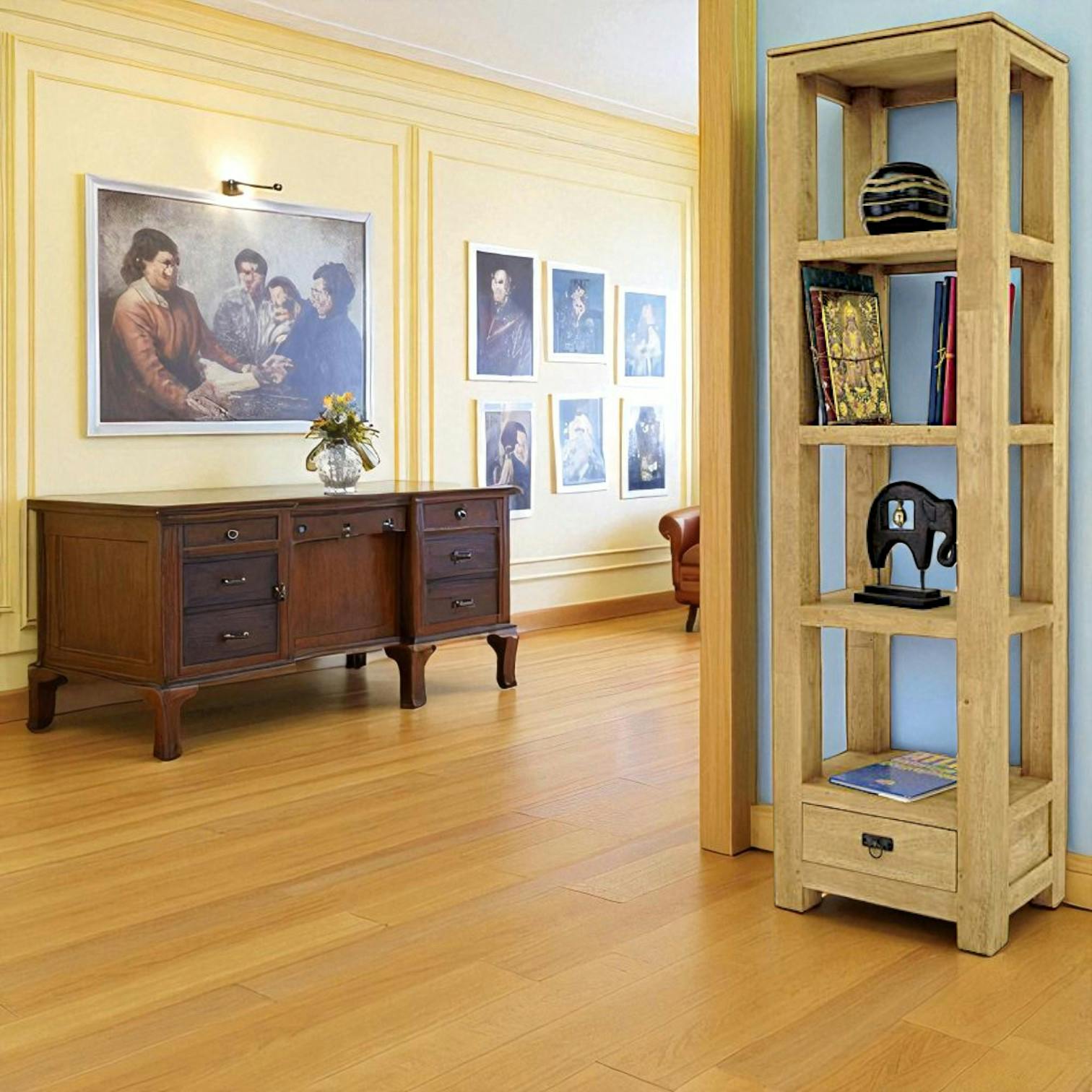 Etagère colonne 1 tiroir bois hévéa massif H190cm HELENA
