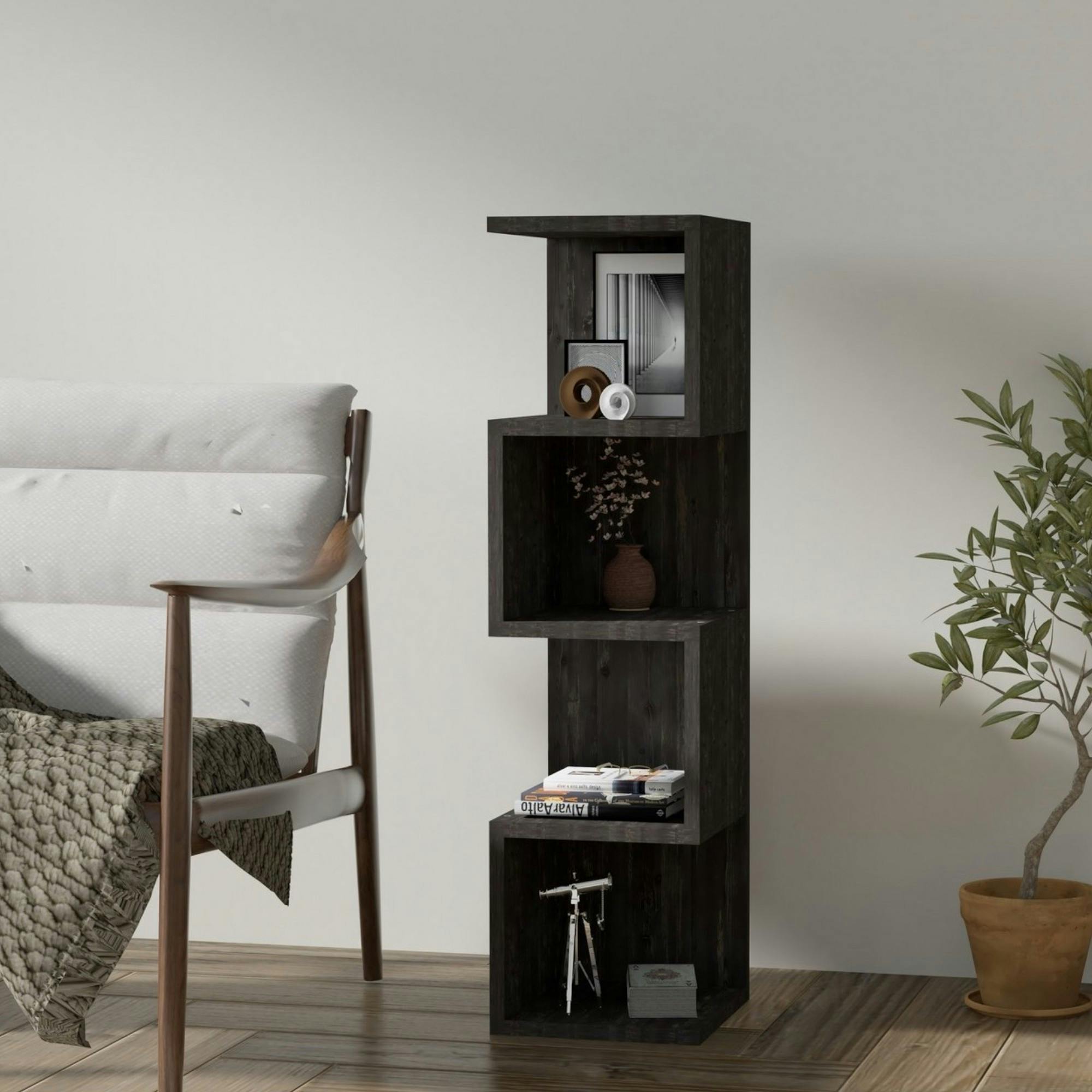 Étagère colonne design effet bois gris - niches zigzag MARFA