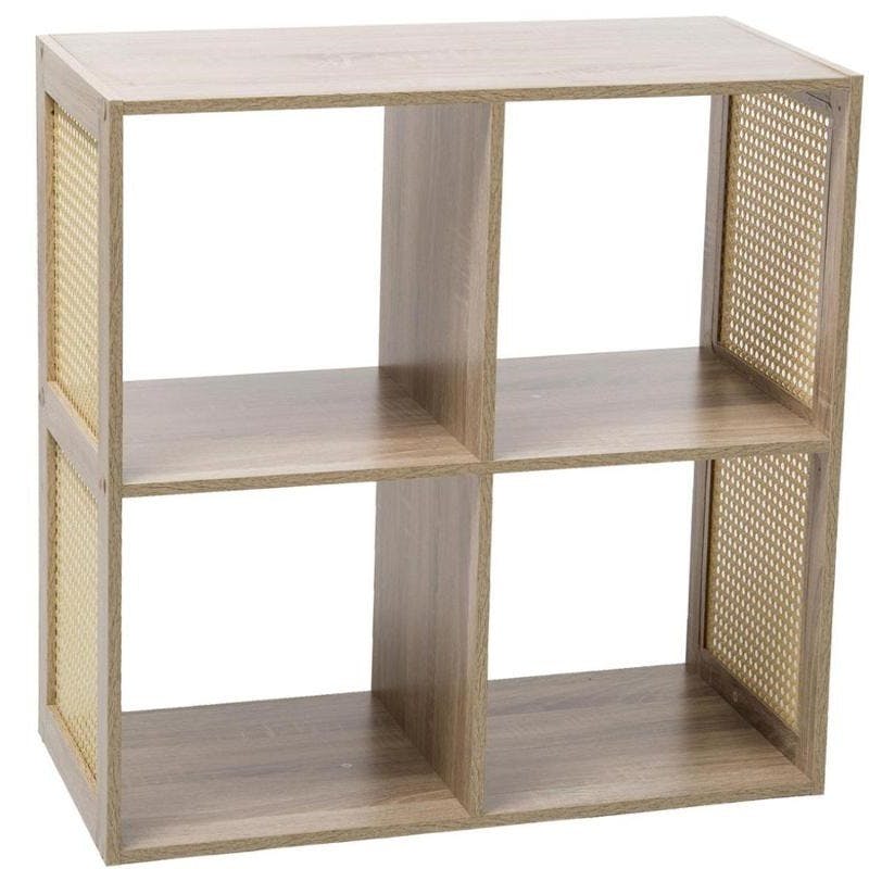 Etagère cube 4 cases coloris bois clair et cannage