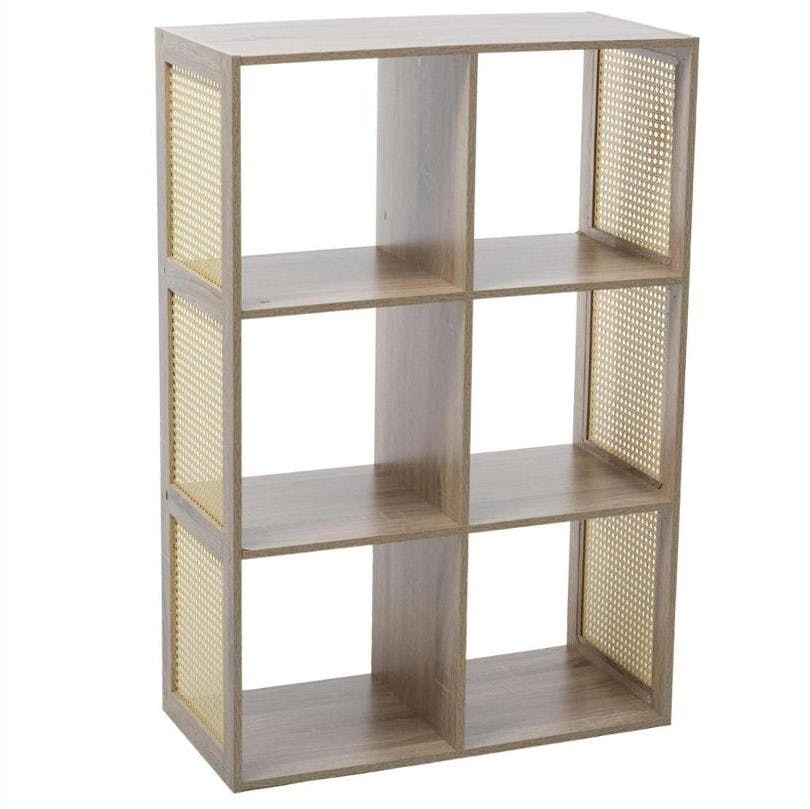 Etagère cube 6 cases coloris bois clair et cannage