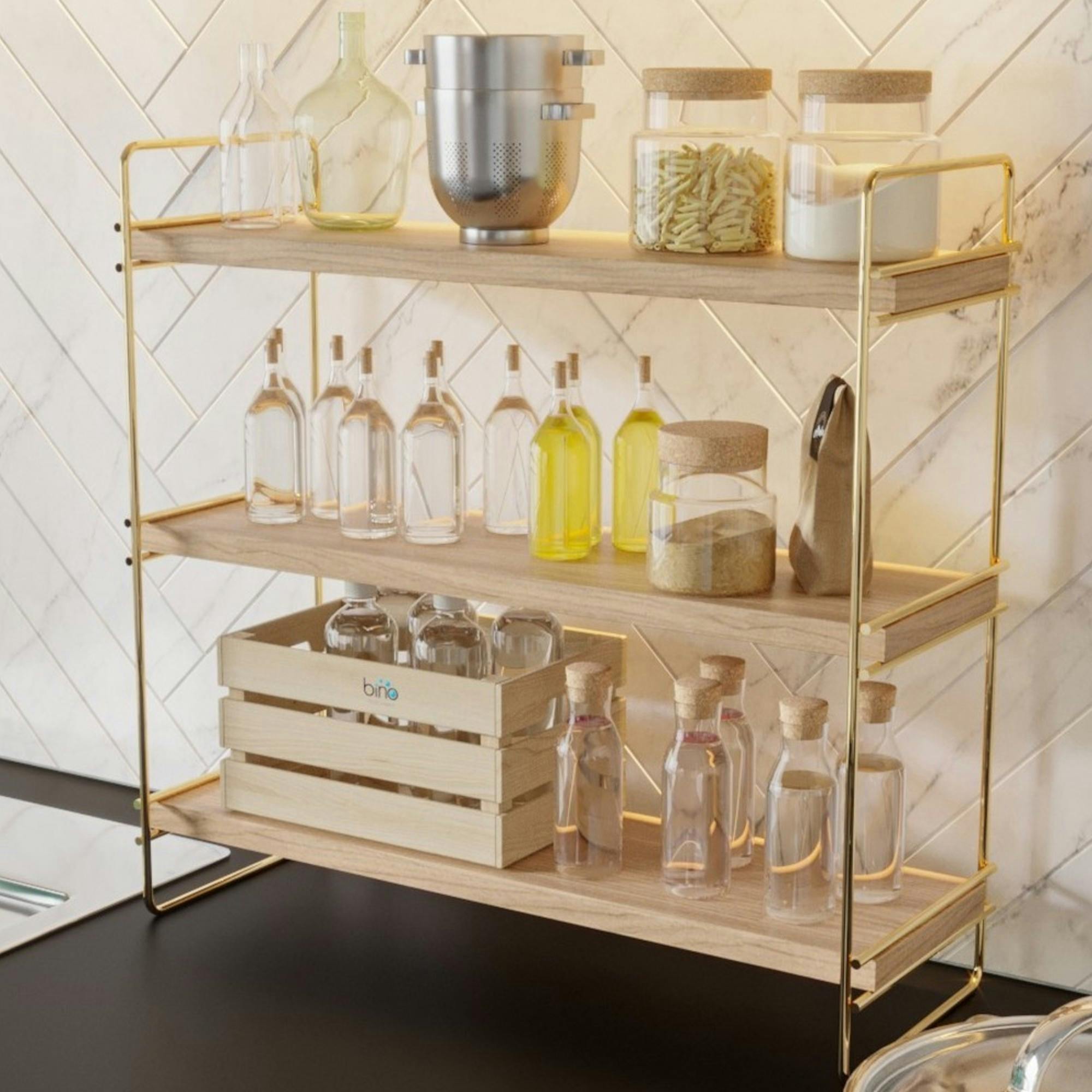 Étagère cuisine 3 niveaux - bois clair, supports dorés AVIALA