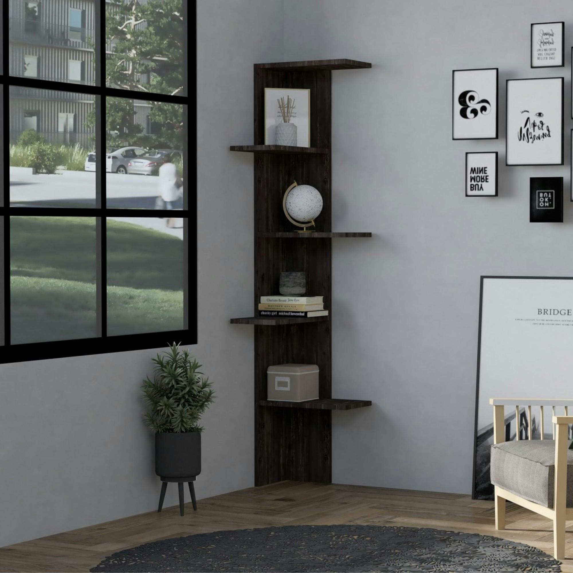 Étagère d'angle design effet bois anthracite MARFA