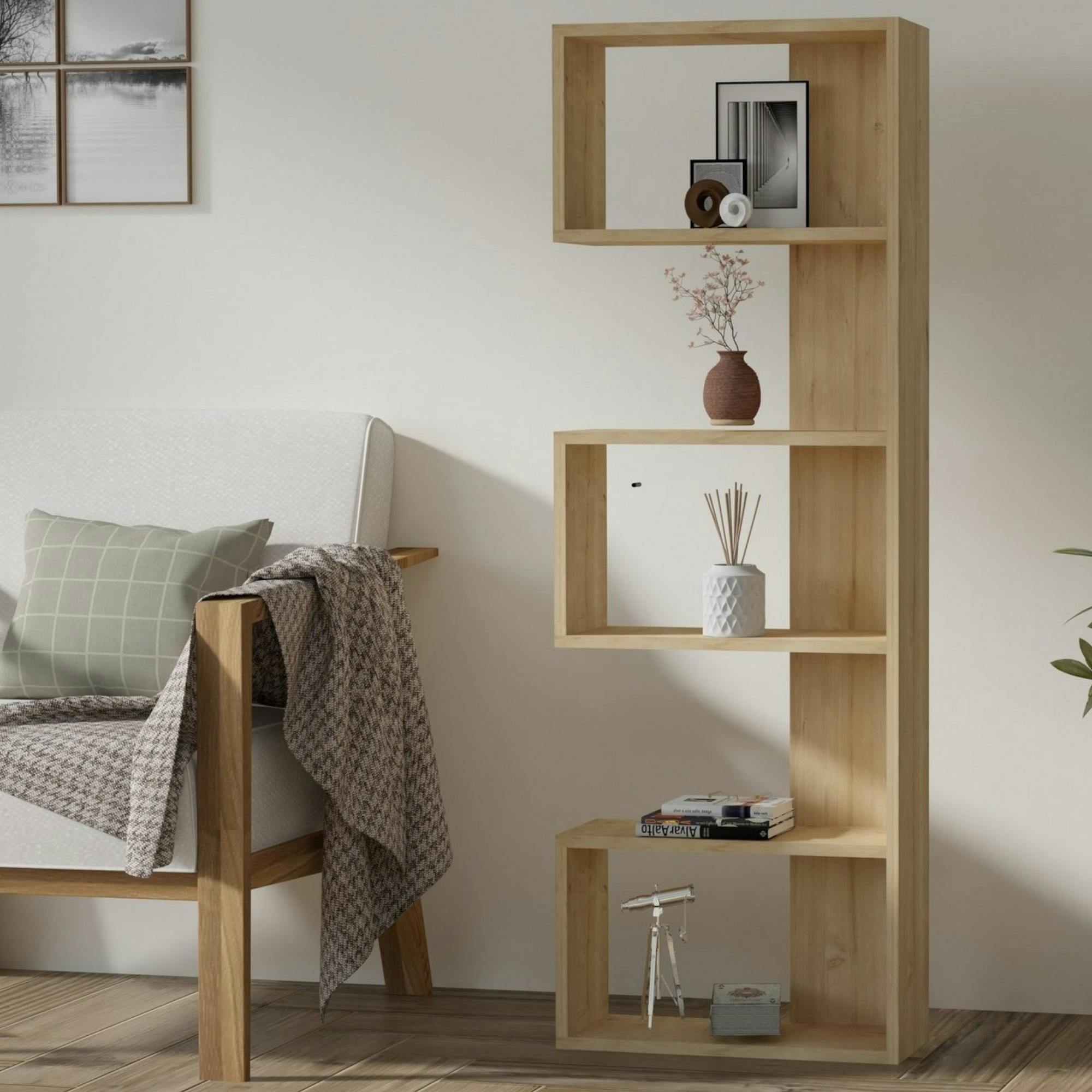 Étagère d'angle moderne effet bois clair - 3 niches MARFA