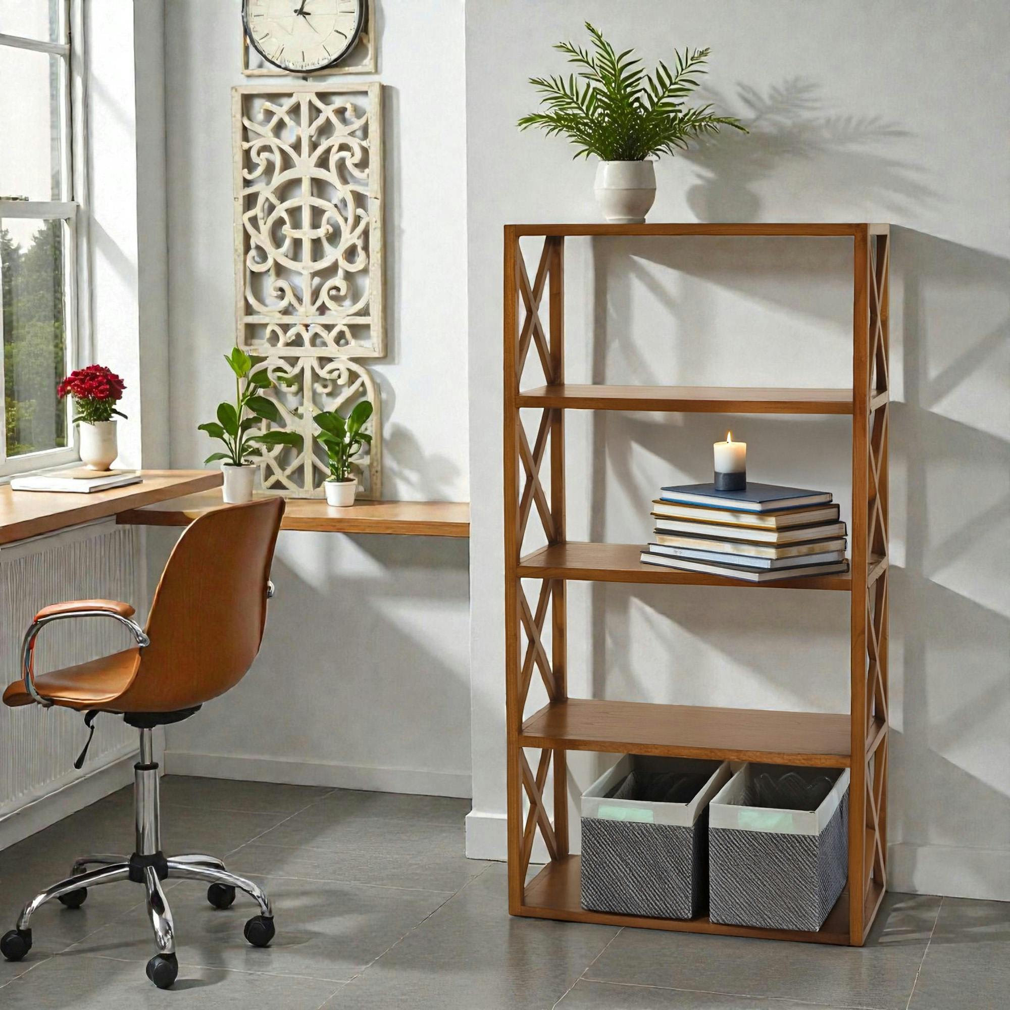 Bibliotheque etagere en bois fonce avec croisillons de style exotique