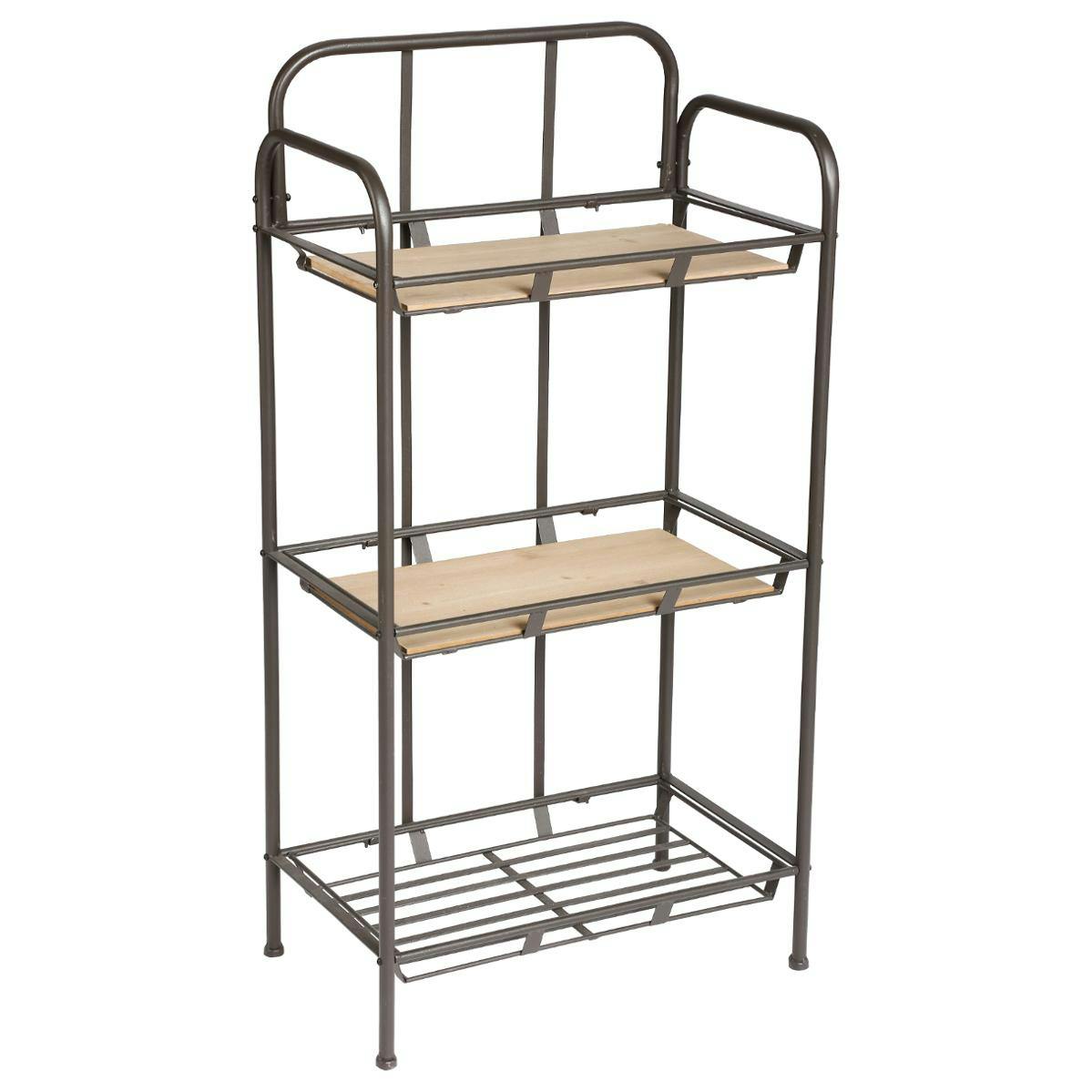 Etagère en métal gris 3 étages dont 2 avec plateau bois 53x32xH104cm