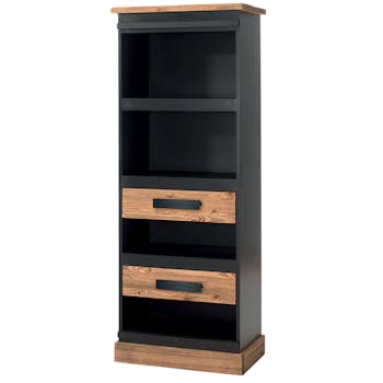 Etagère en Pin massif brossé et laqué noir, 2 tiroirs, 2 niches, 1 étagère 70x43x180cm SHERBROOKE