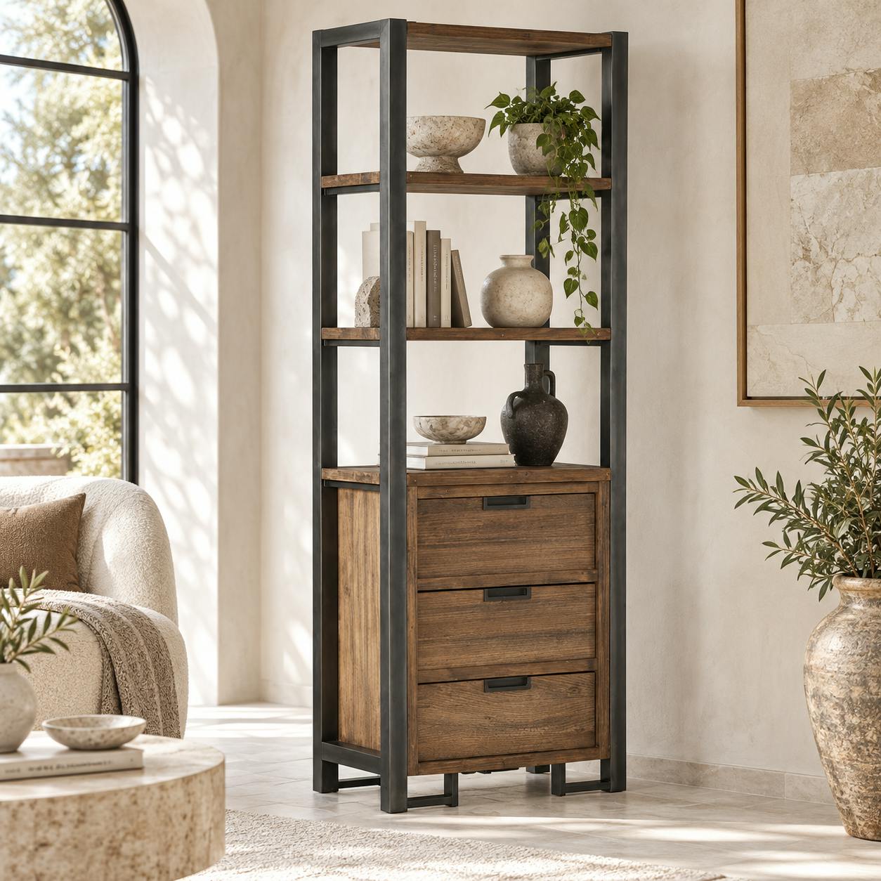 Bibliotheque en bois et metal avec tiroirs de style indutriel