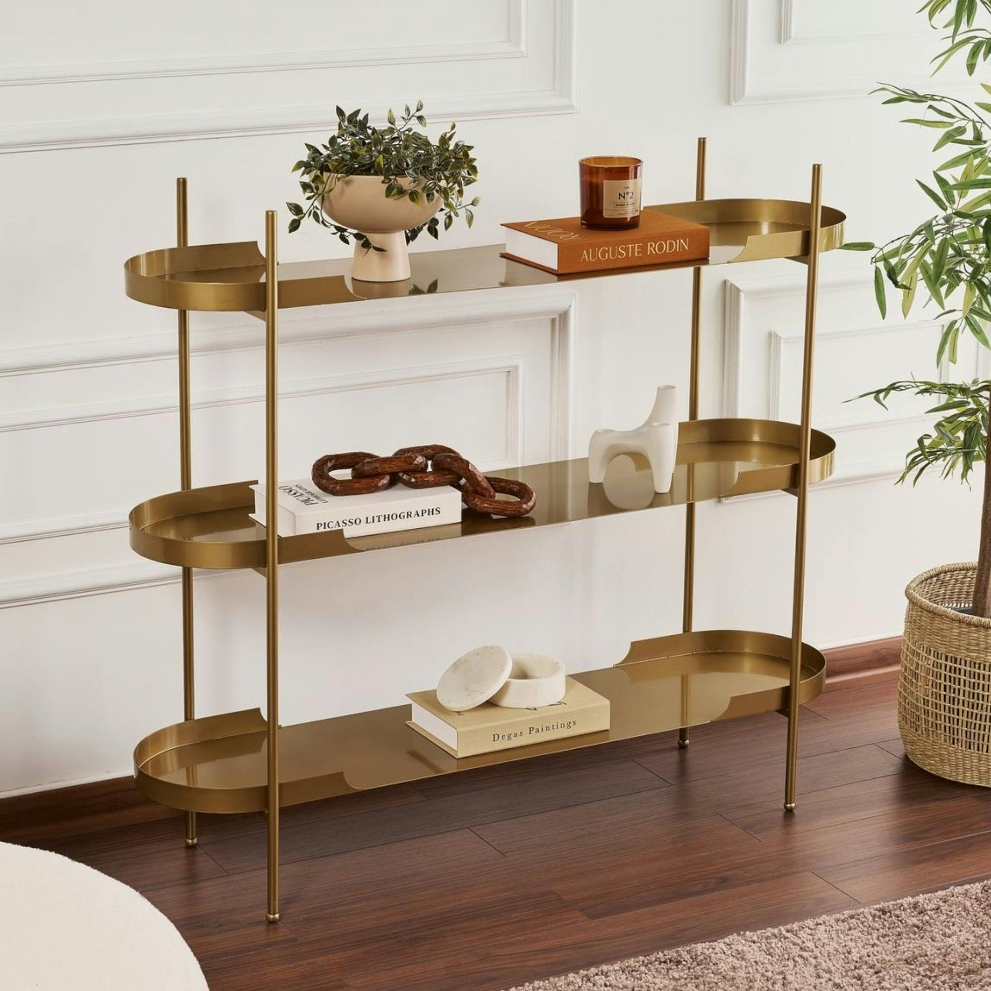 Étagère métal doré 3 plateaux bords ronds – esprit loft SFAX
