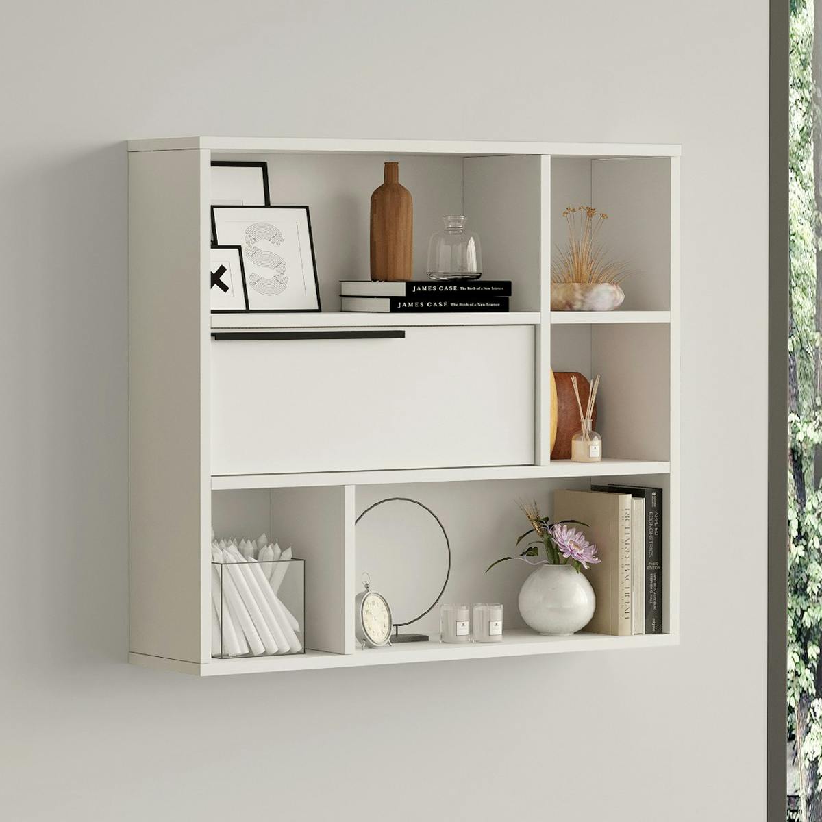 Etagère murale blanche rangement fermé 5 niches MARFA