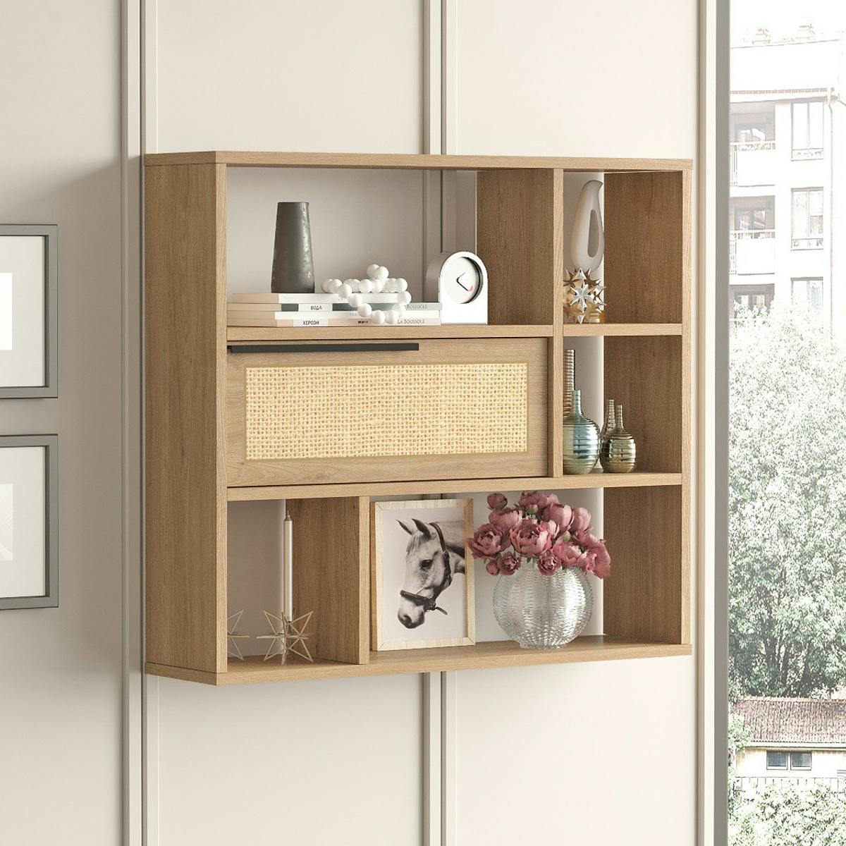 Etagère murale cannage rangement fermé 5 niches MARFA
