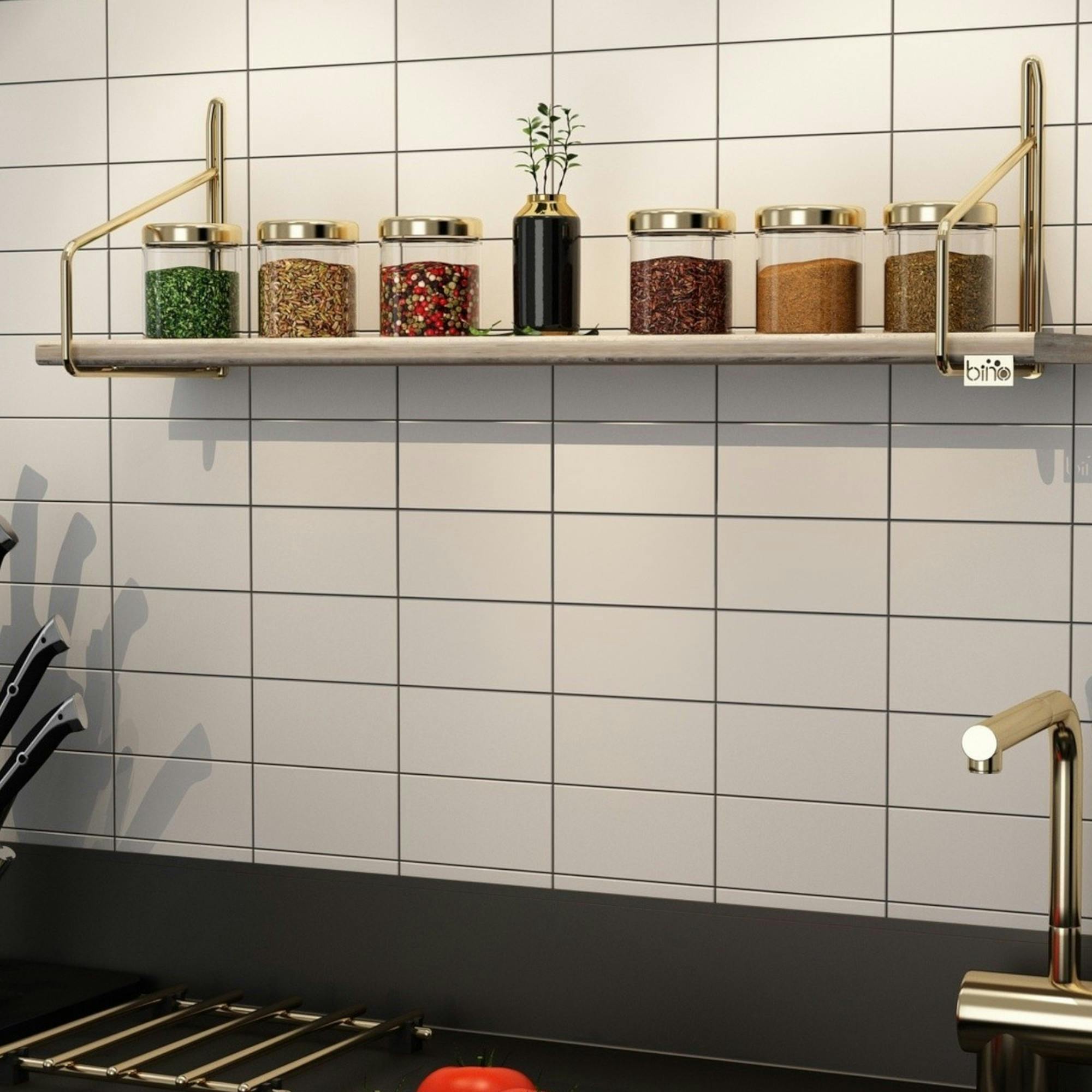 Étagère murale cuisine - bois clair, supports dorés AVIALA