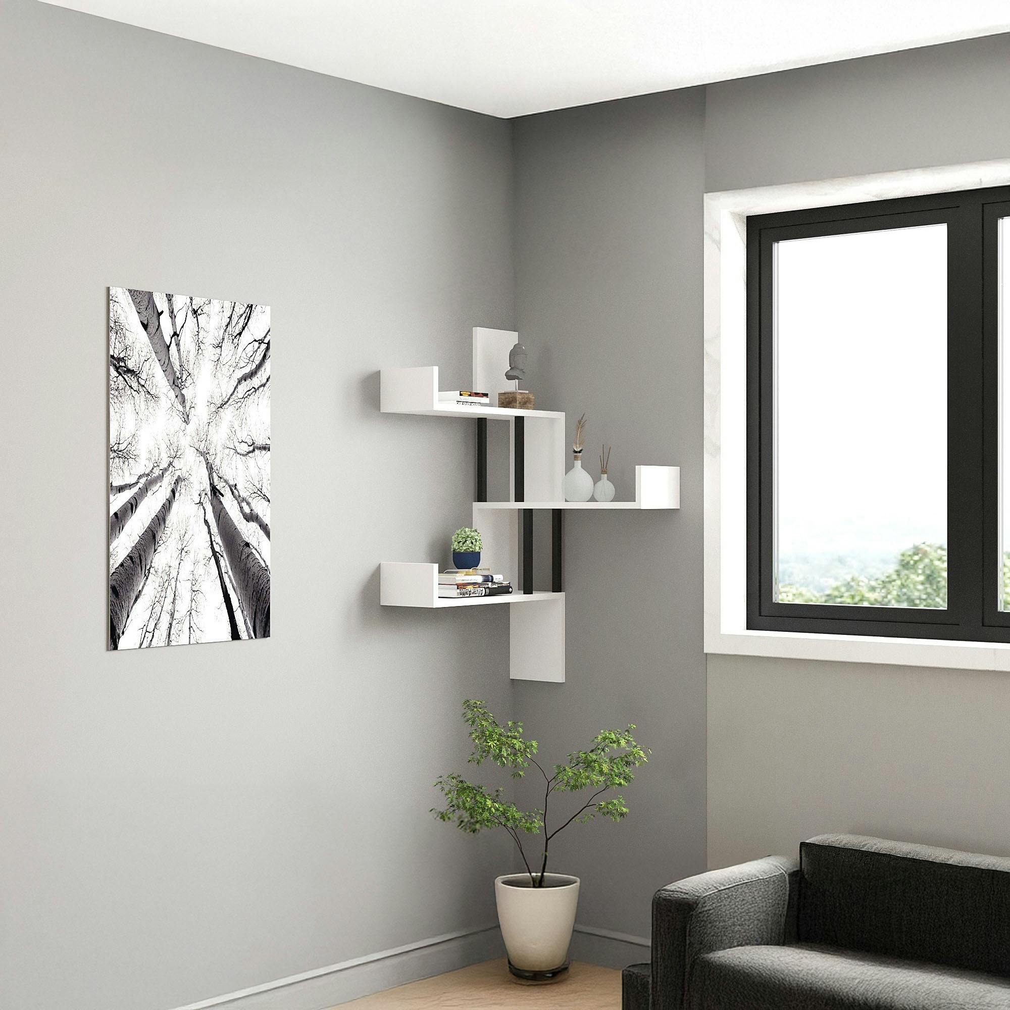 Étagère murale d’angle blanche - design, 3 plateaux JENA