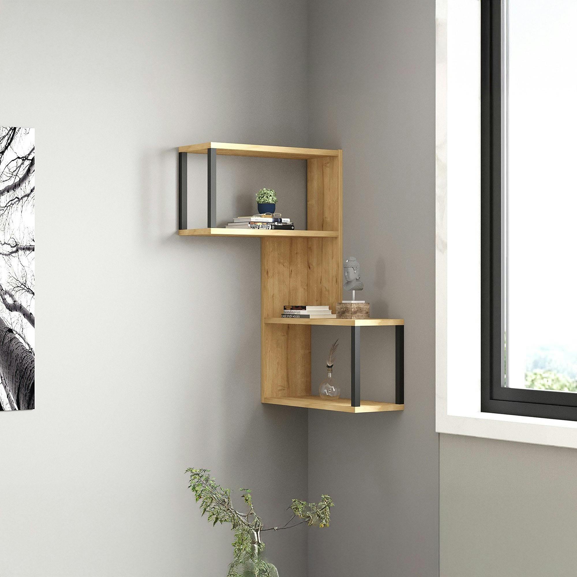 Etagère murale d'angle effet bois clair - 2 niches JENA