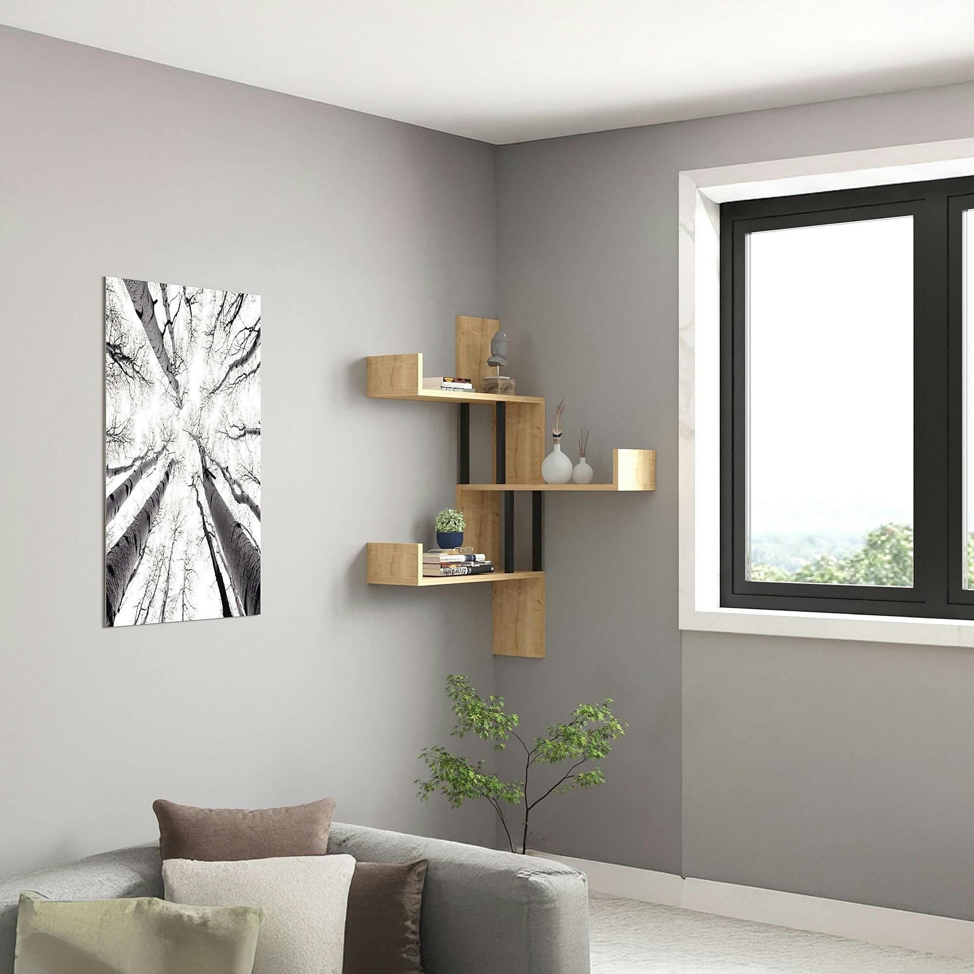 Étagère murale d’angle effet bois clair - 3 plateaux JENA