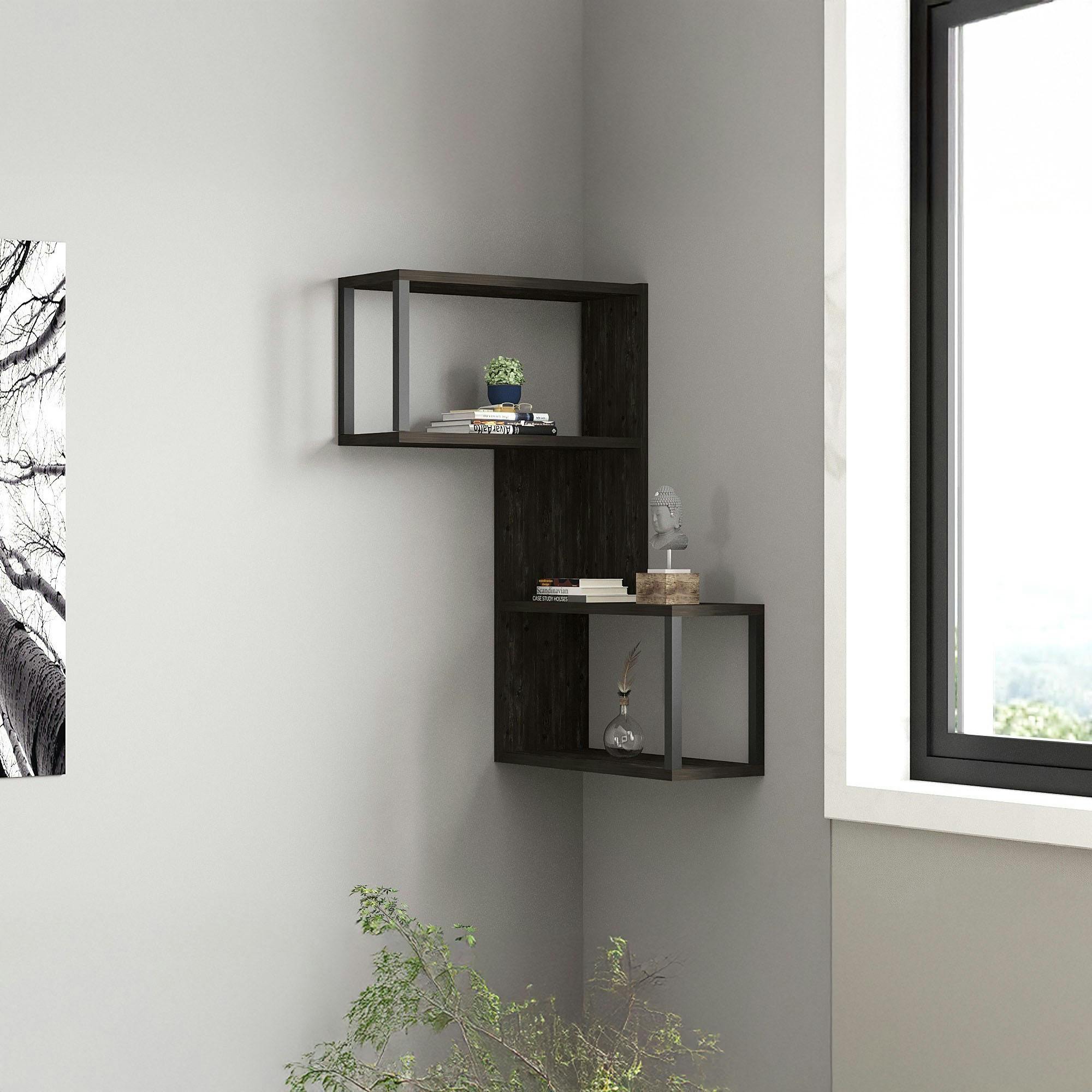 Etagère murale d'angle effet bois gris - 2 niches JENA