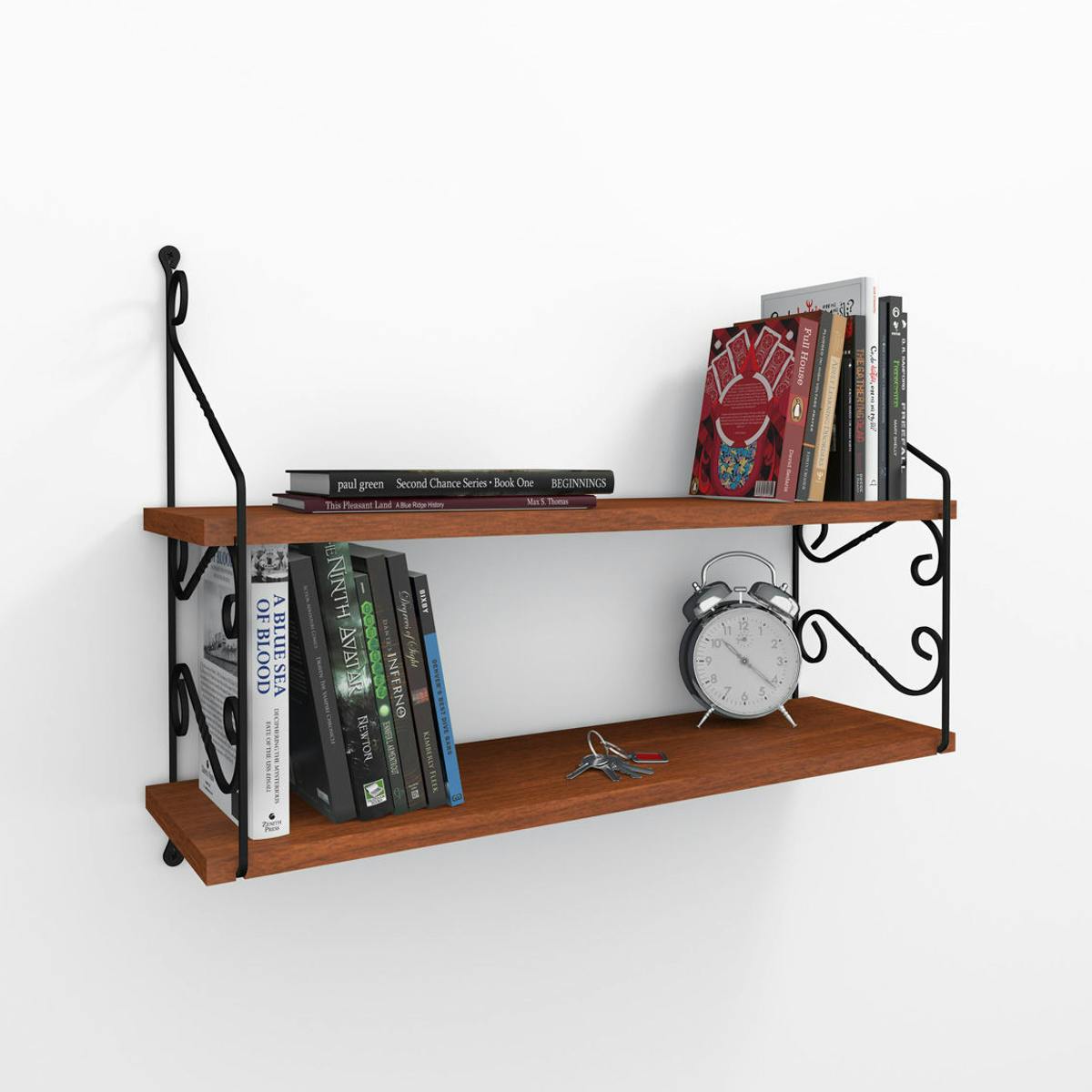 Etagère murale décor bois noyer 2 plateaux avec volutes JENA