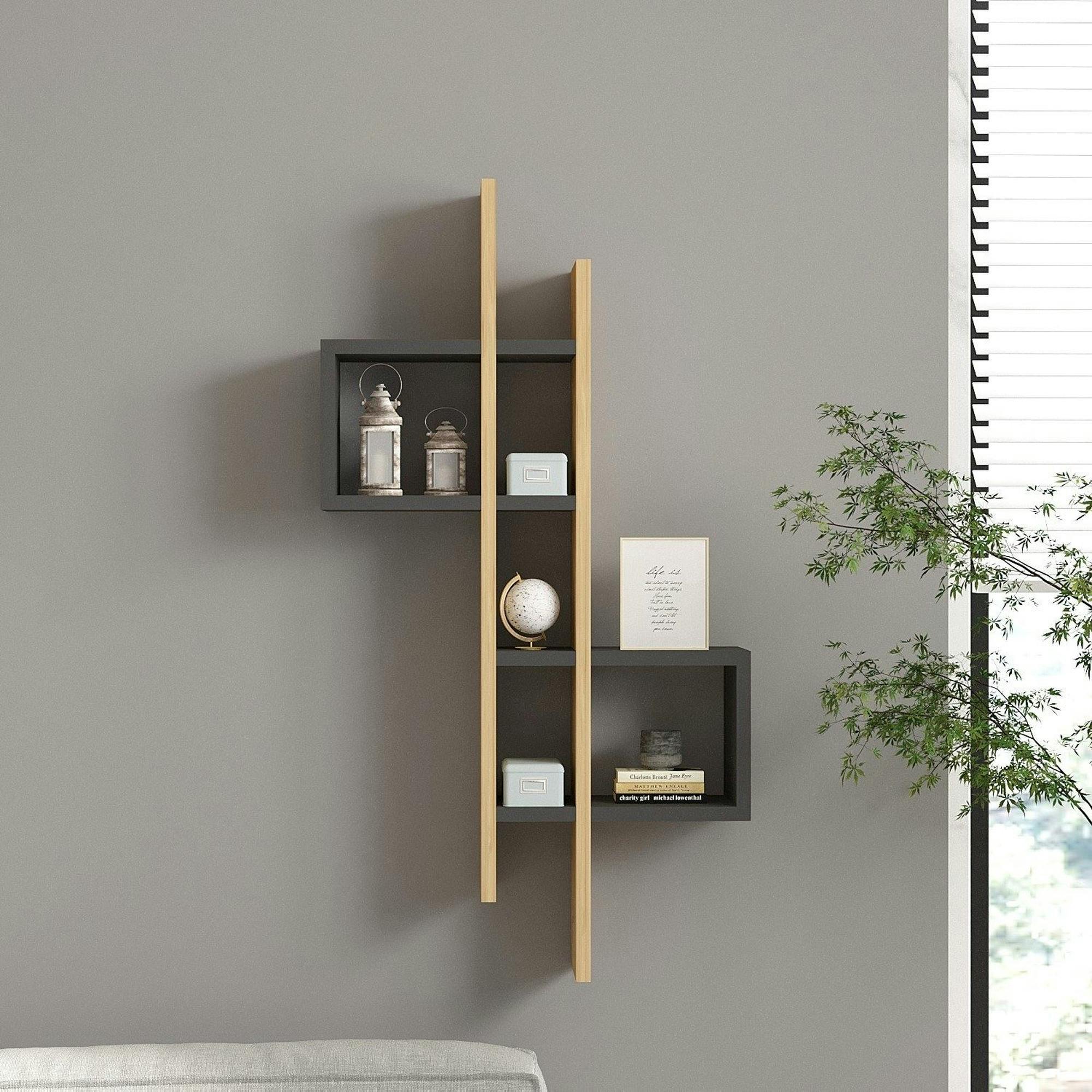 Etagère murale design bicolore, effet chêne et gris MARFA