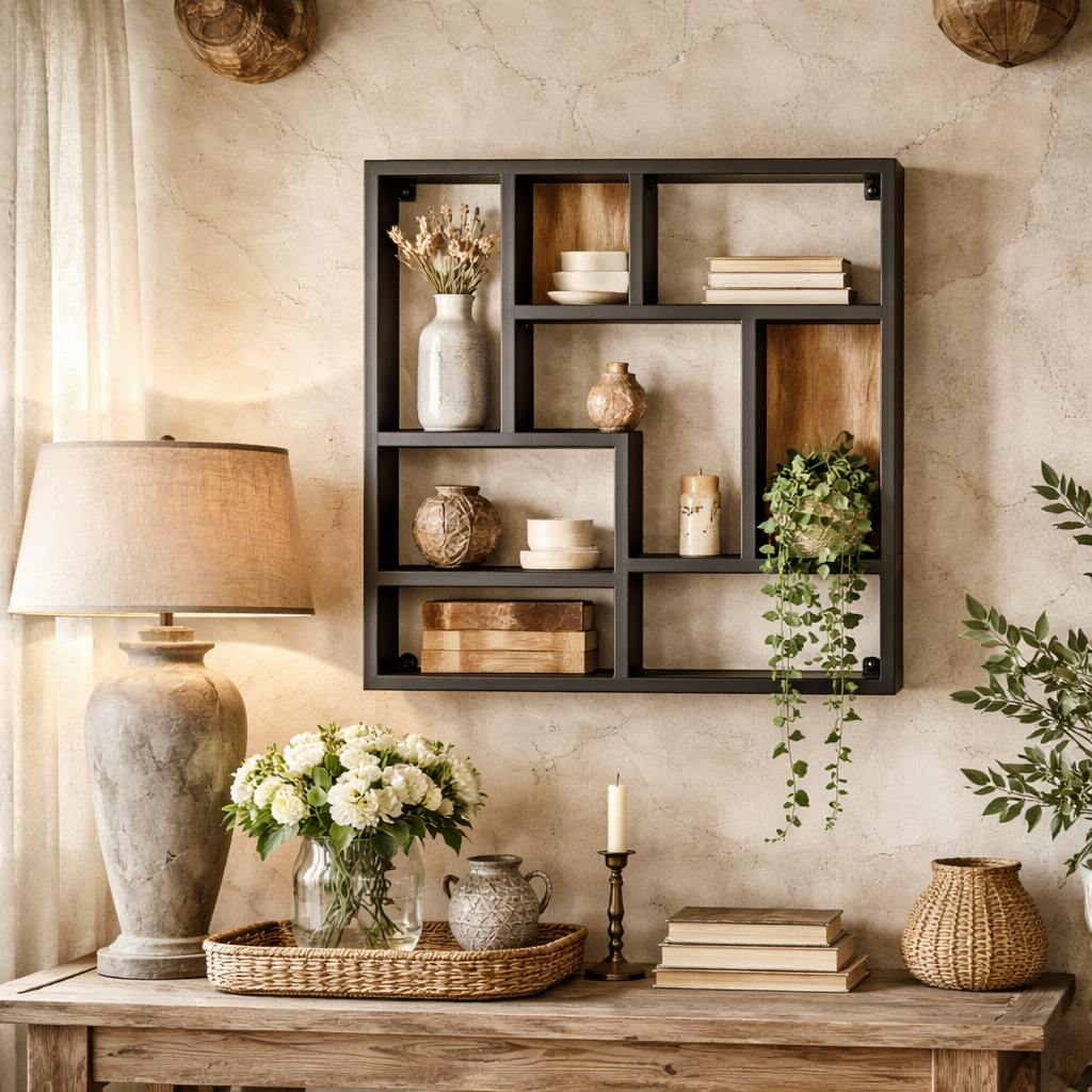 Etagère murale design carré bois clair métal noir RIVANO