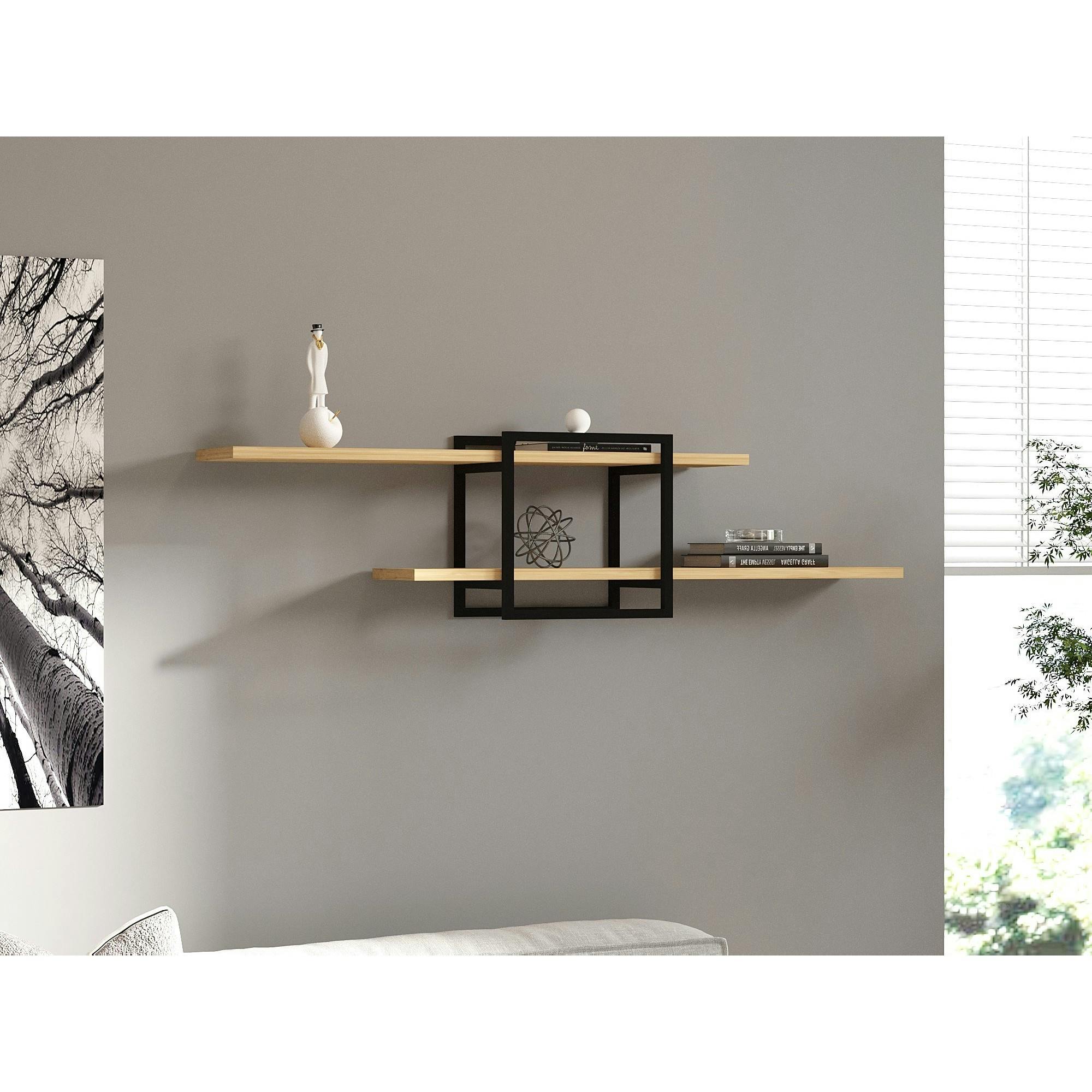 Étagère murale design effet bois clair - 1 cube, 2 plateaux JENA