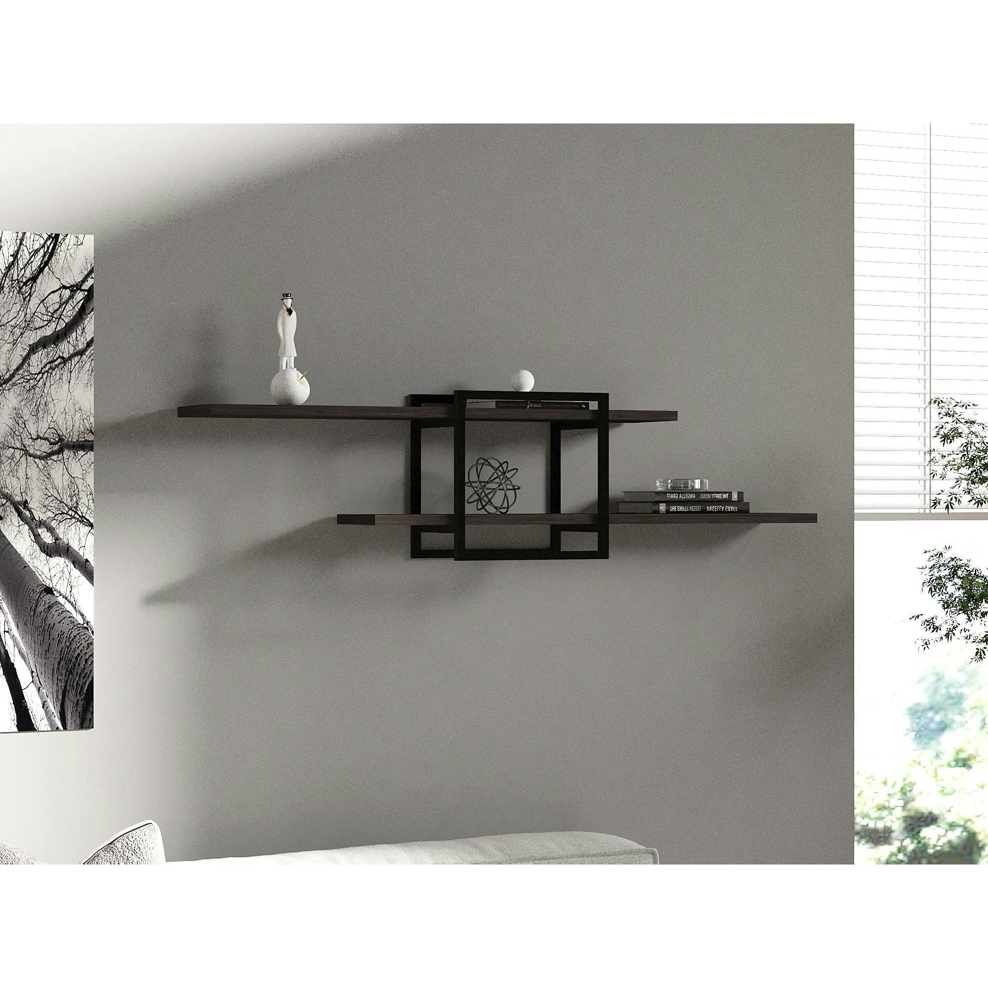 Étagère murale design effet bois gris - 1 cube, 2 plateaux JENA