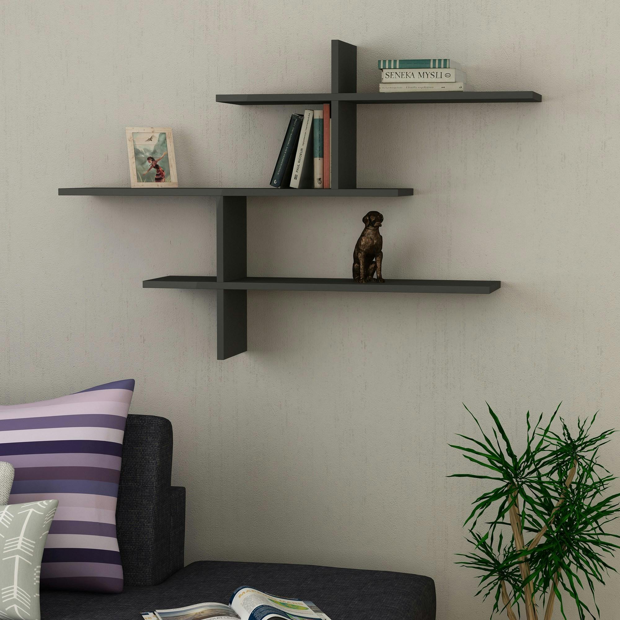 Étagère murale design effet bois gris - 3 plateaux croisés MARFA