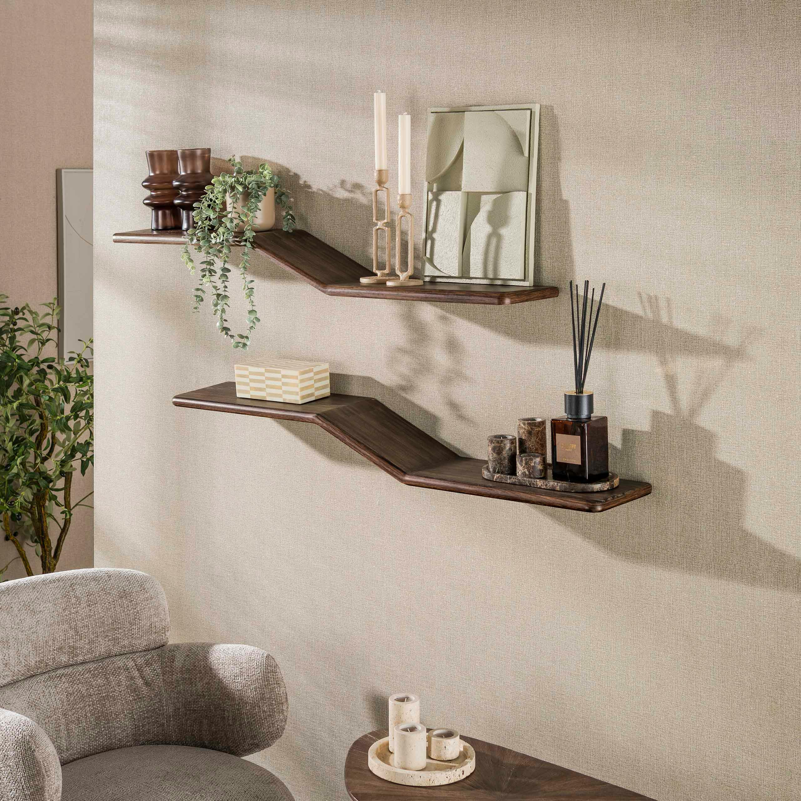 Étagère murale design en S teck recyclé foncé (lot de 2) YOGI