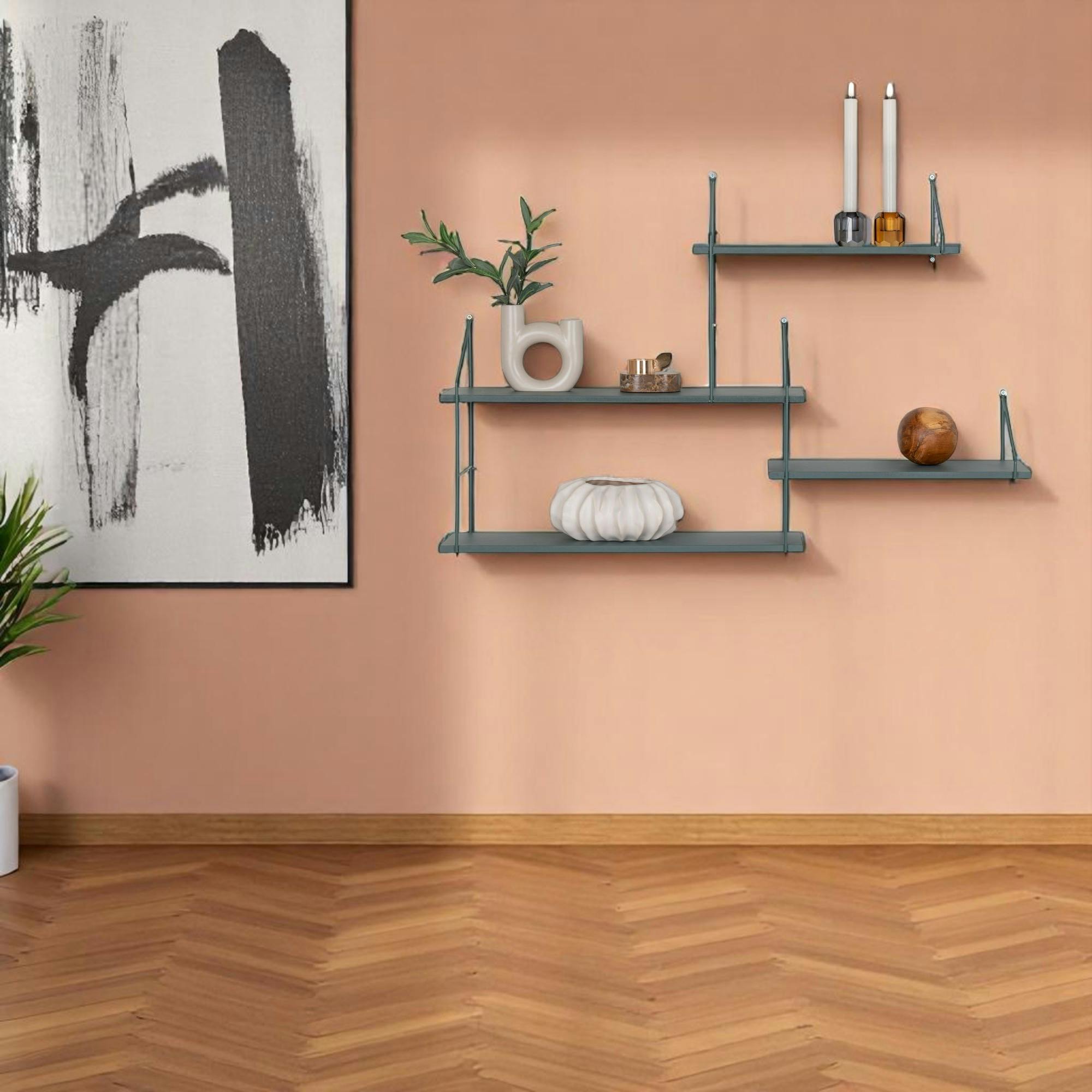 Etagère murale déstructurée en métal et bois, finition verte, 4 plateaux TALLINN