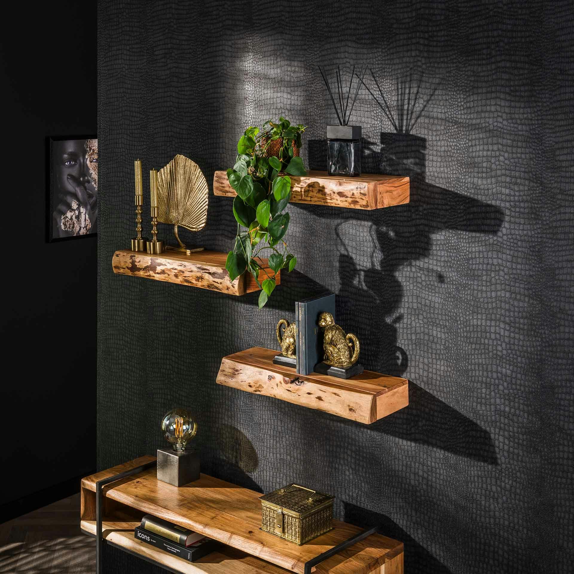 Étagère murale en bois d'acacia épais avec tiroir (lot de 3) MELBOURNE