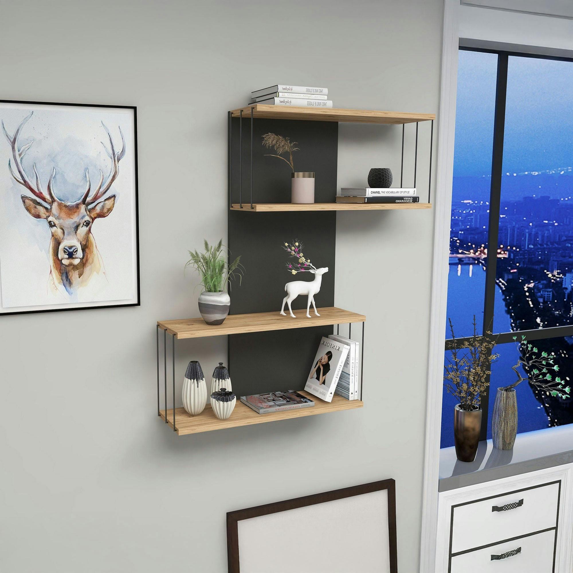 Etagère murale moderne effet bois & gris - 2 niches JENA