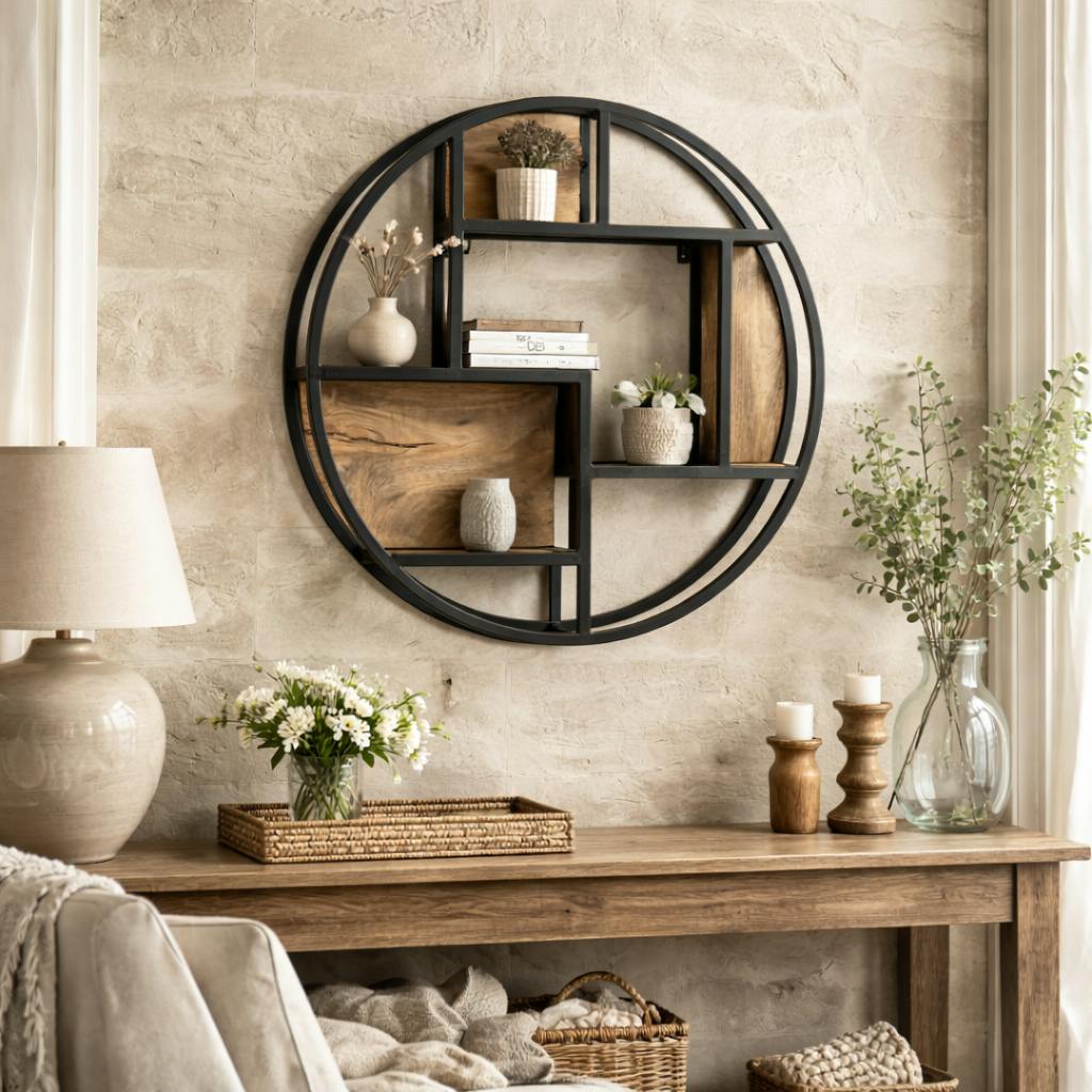 Etagère murale ronde bois clair métal noir RIVANO