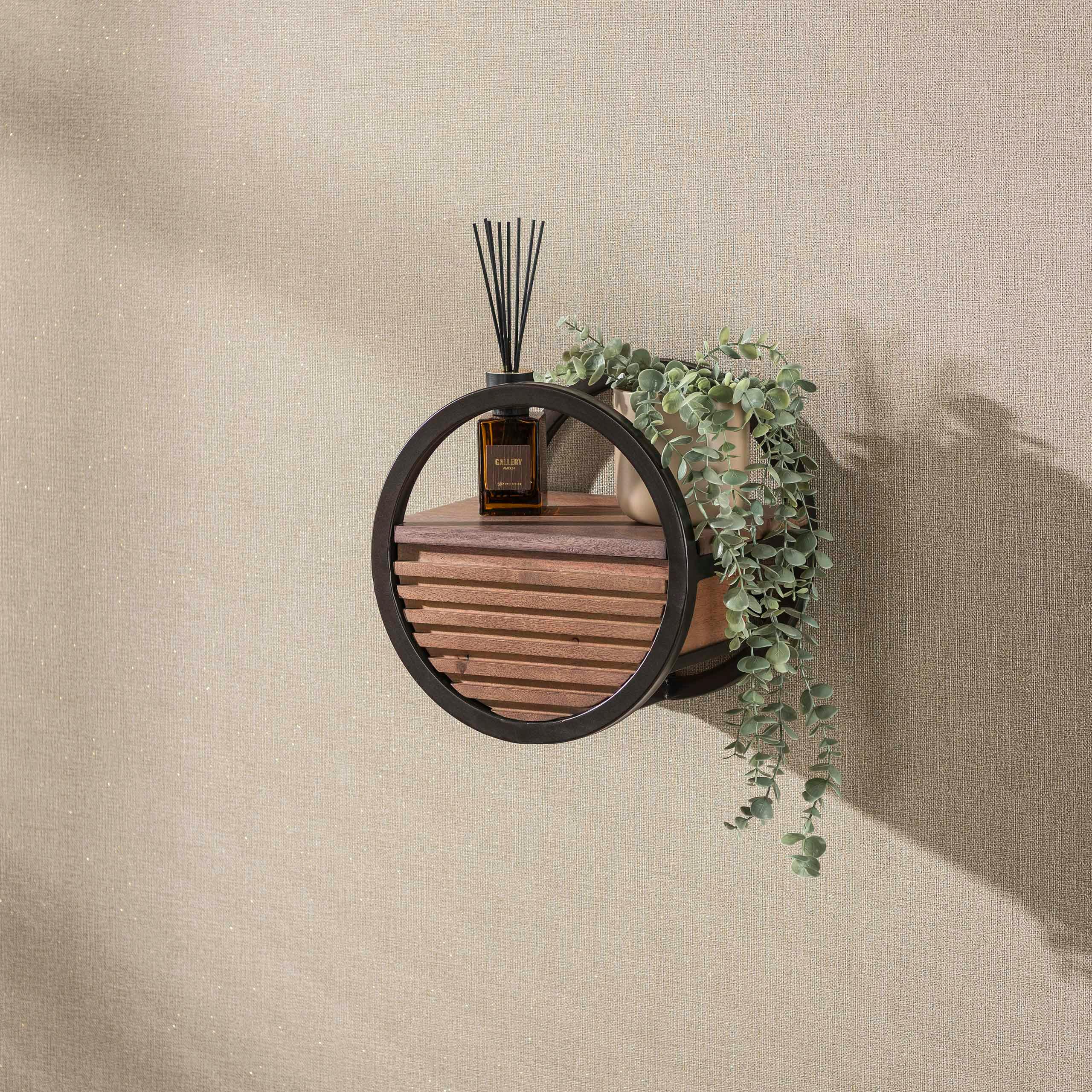 Etagère murale ronde bois d'acacia foncé 1 tiroir Ø30 cm NAKO