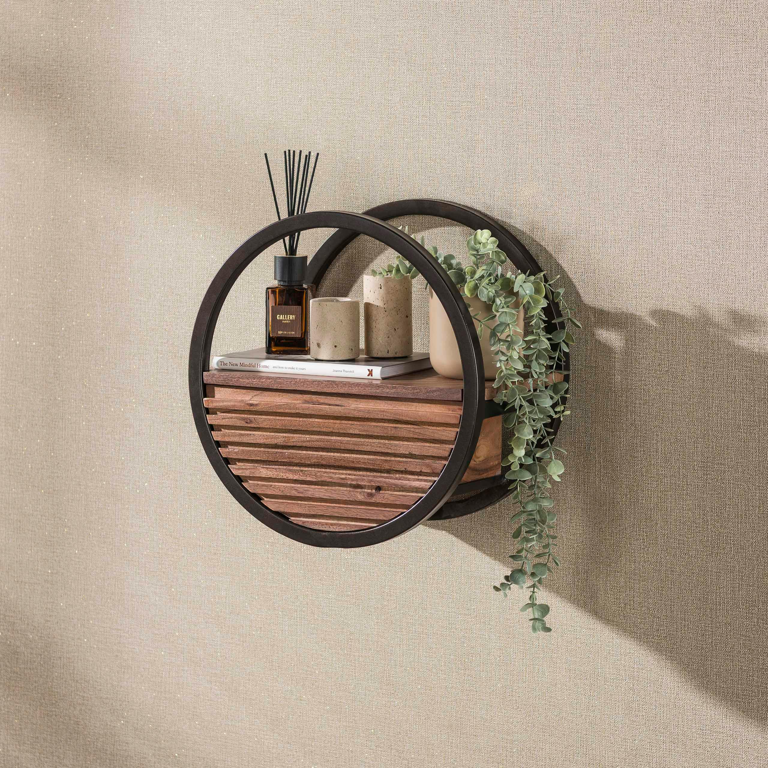 Etagère murale ronde bois d'acacia foncé 1 tiroir Ø40 cm NAKO